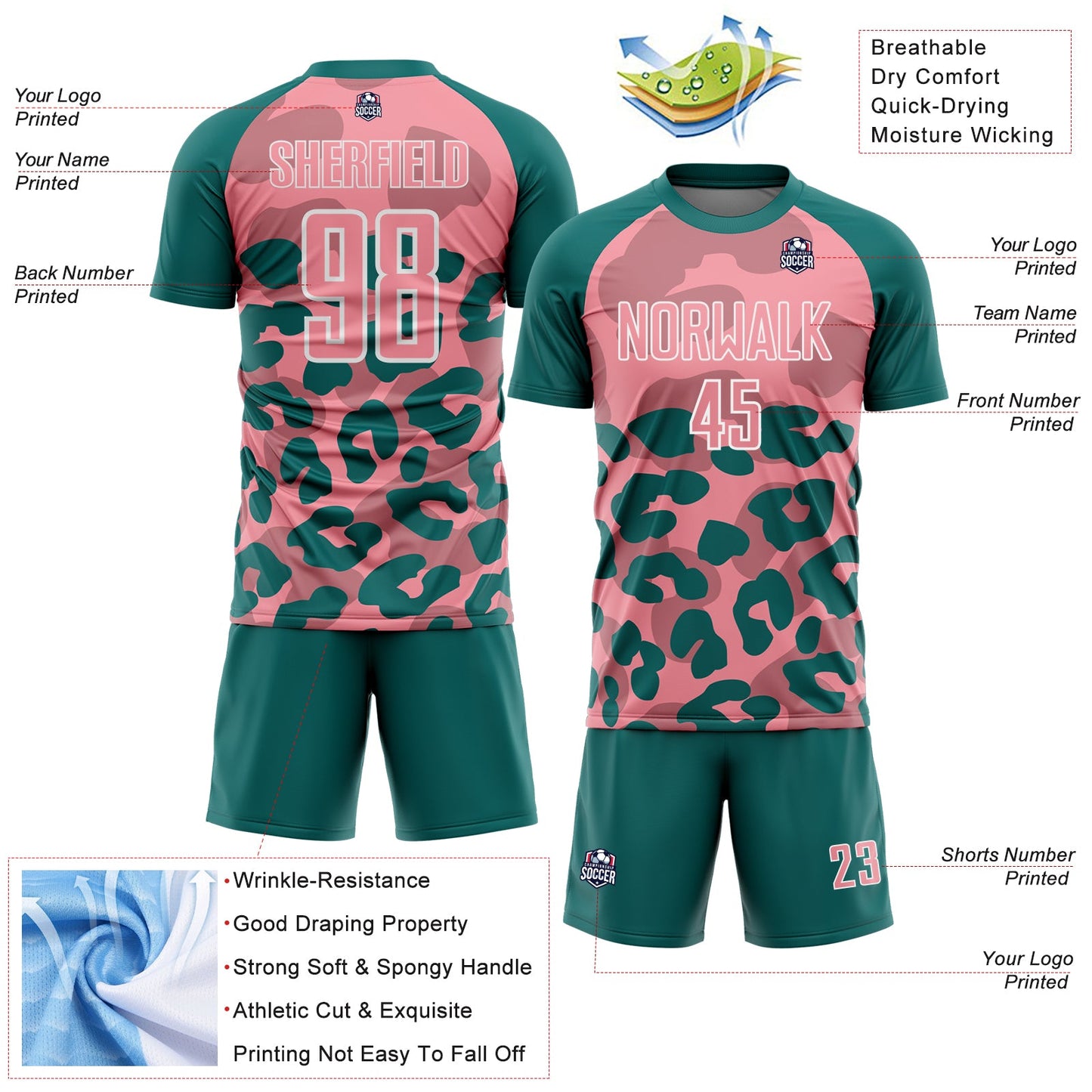 Custom Teal Medium Pink-White Animal Leopard Print Sports Sublimation Soccer Uniform Jersey view 4