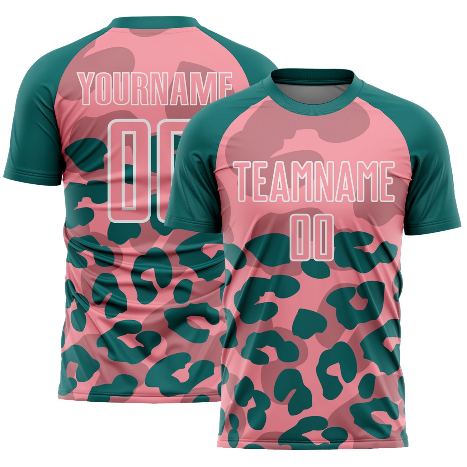 Custom Teal Medium Pink-White Animal Leopard Print Sports Sublimation Soccer Uniform Jersey - Main View