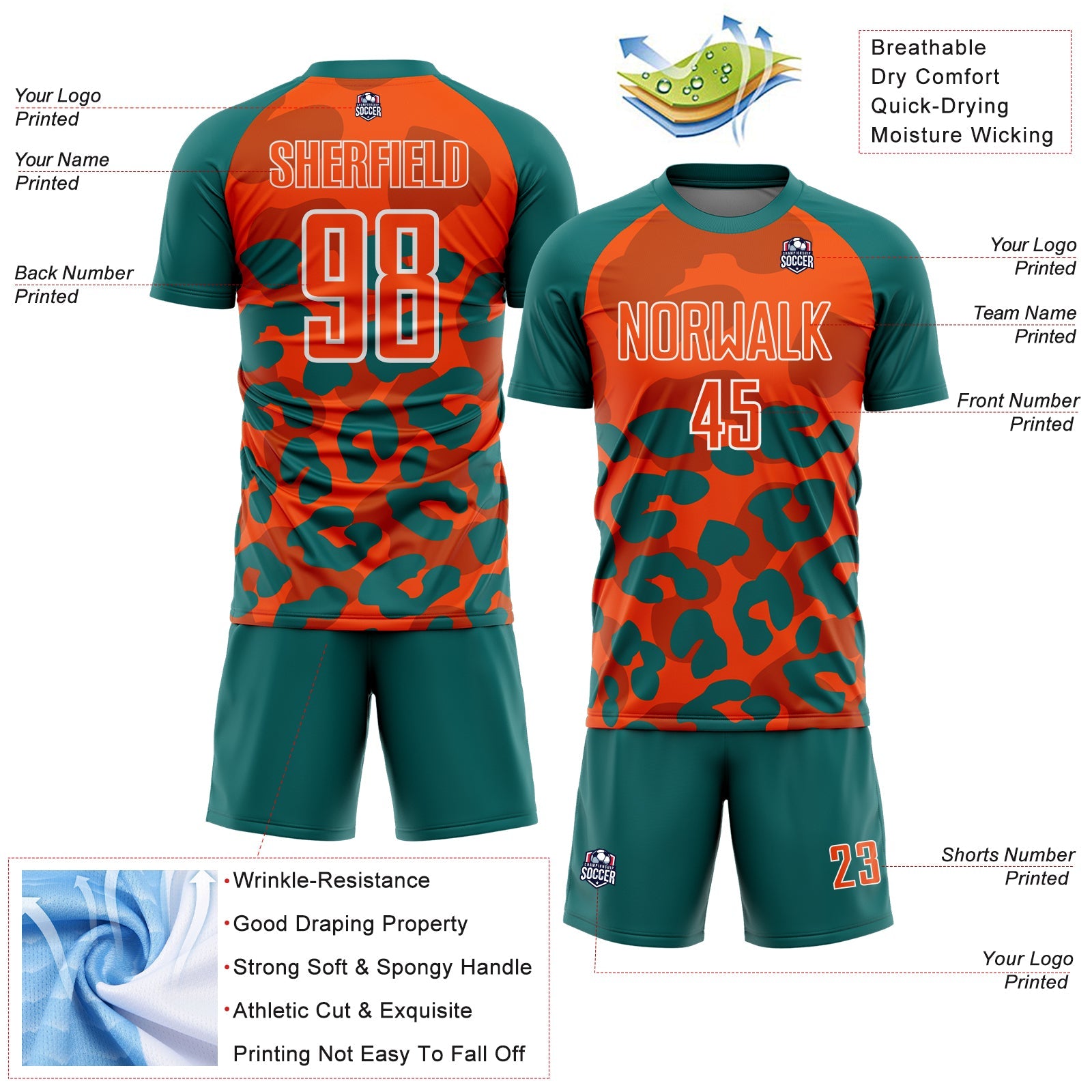 Custom Teal Orange-White Animal Leopard Print Sports Sublimation Soccer Uniform Jersey view 4