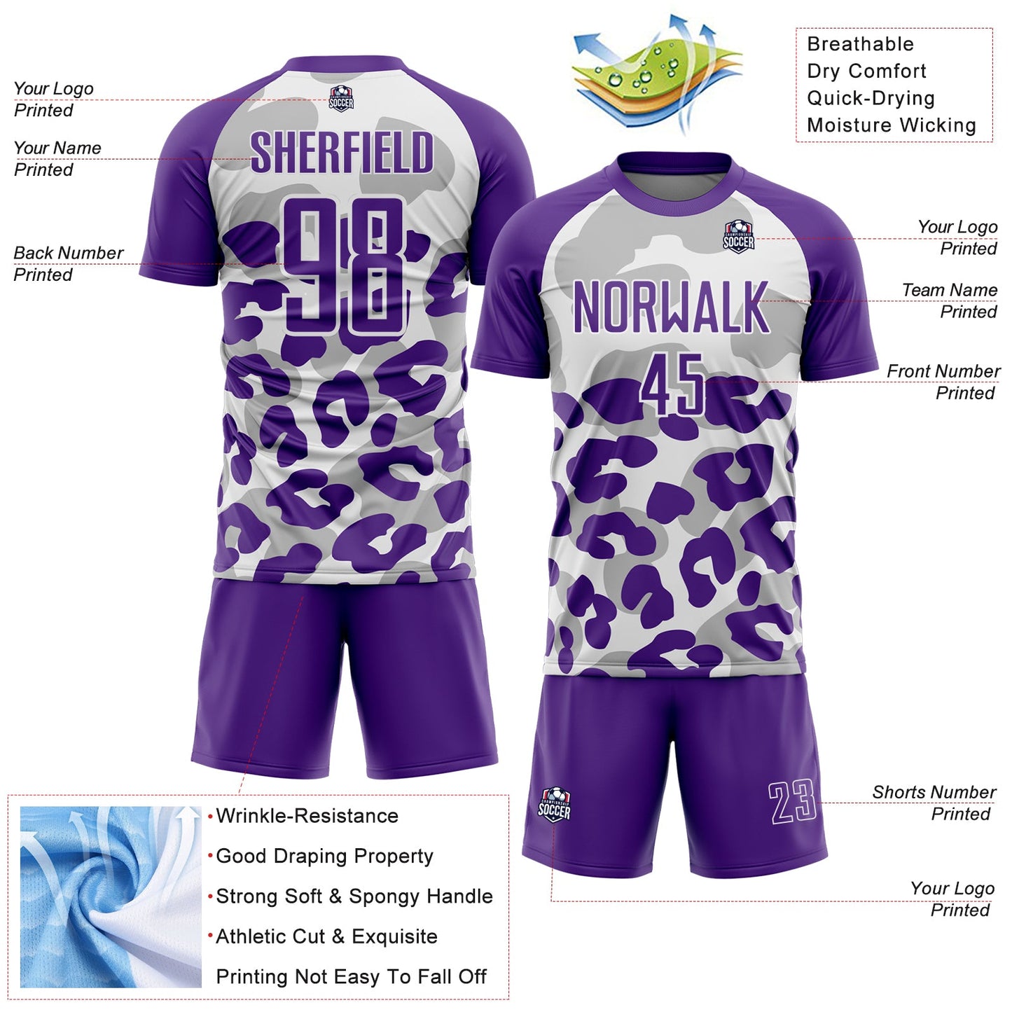 Custom Purple White Animal Leopard Print Sports Sublimation Soccer Uniform Jersey view 4