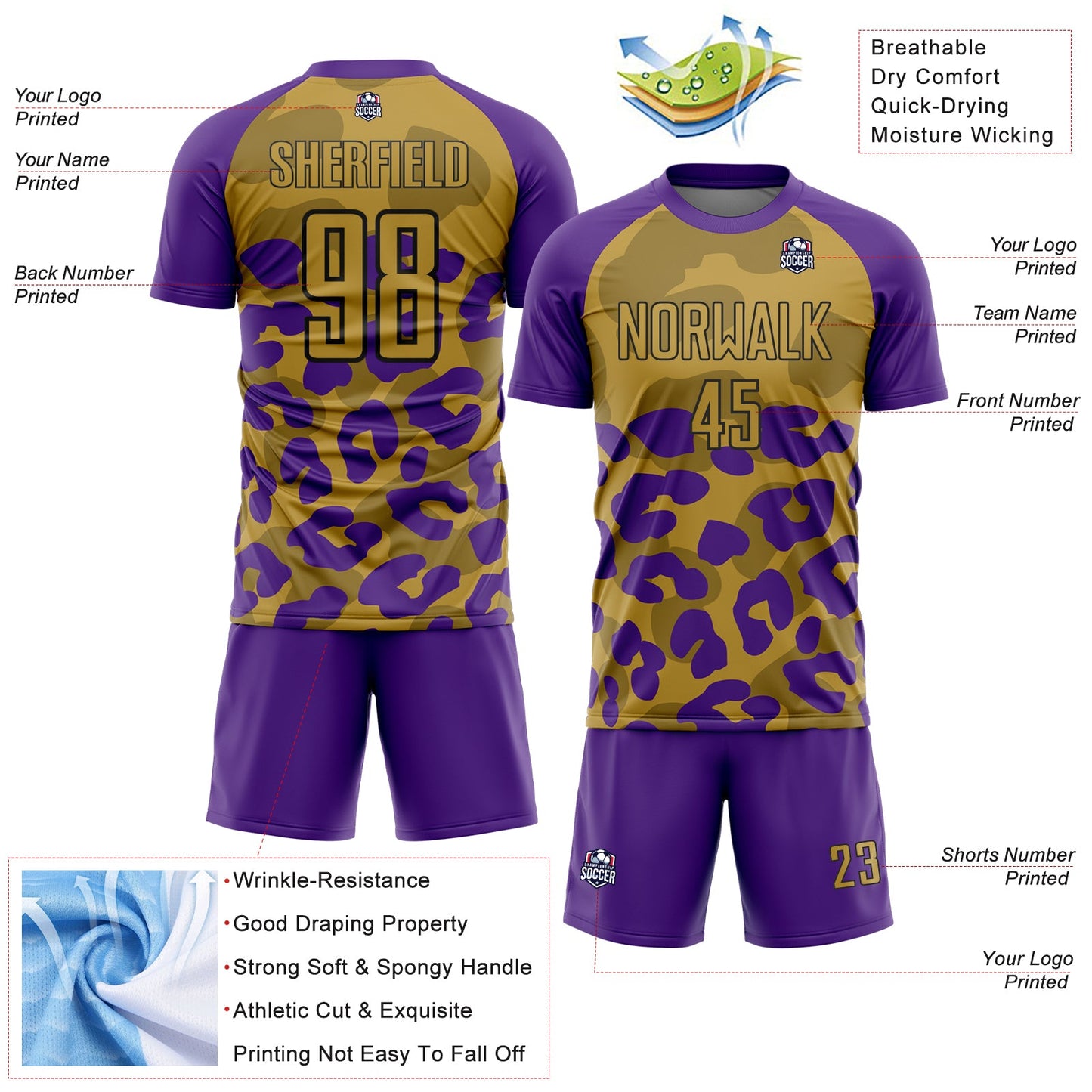 Custom Purple Old Gold-Black Animal Leopard Print Sports Sublimation Soccer Uniform Jersey view 4