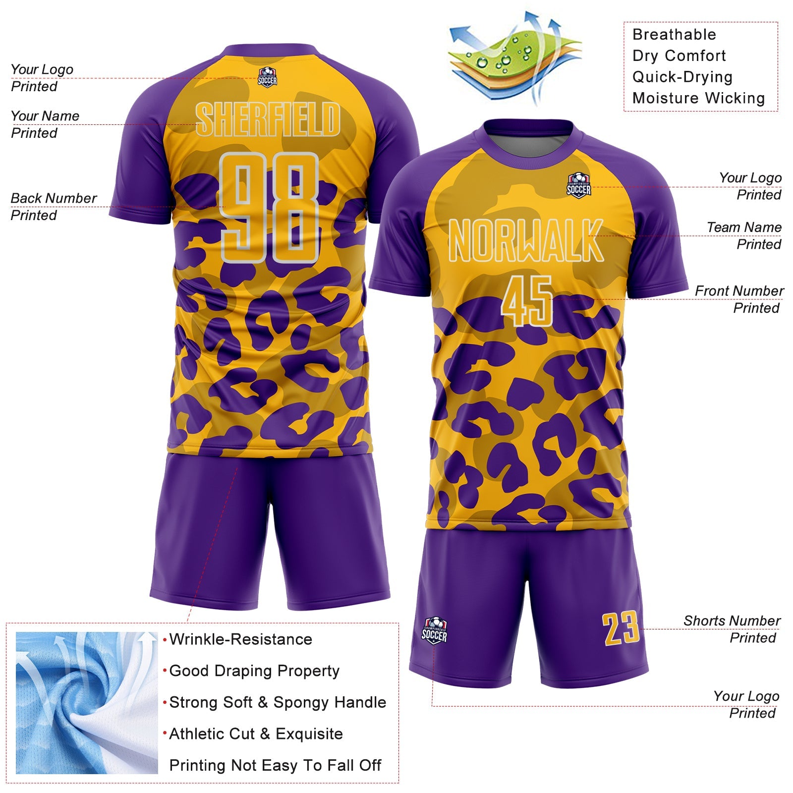 Custom Purple Gold-Black Animal Leopard Print Sports Sublimation Soccer Uniform Jersey view 4