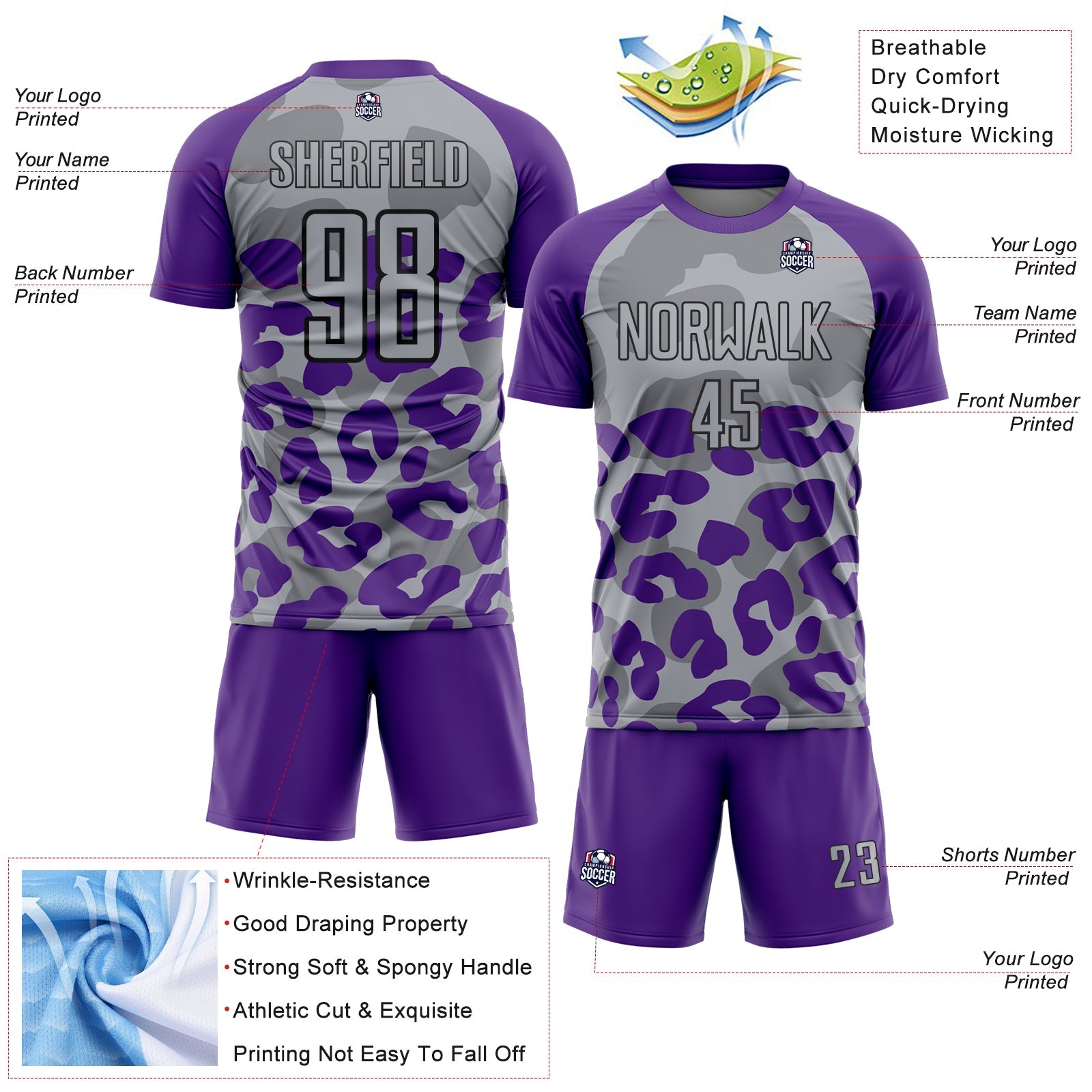Custom Purple Gray-Black Animal Leopard Print Sports Sublimation Soccer Uniform Jersey view 4
