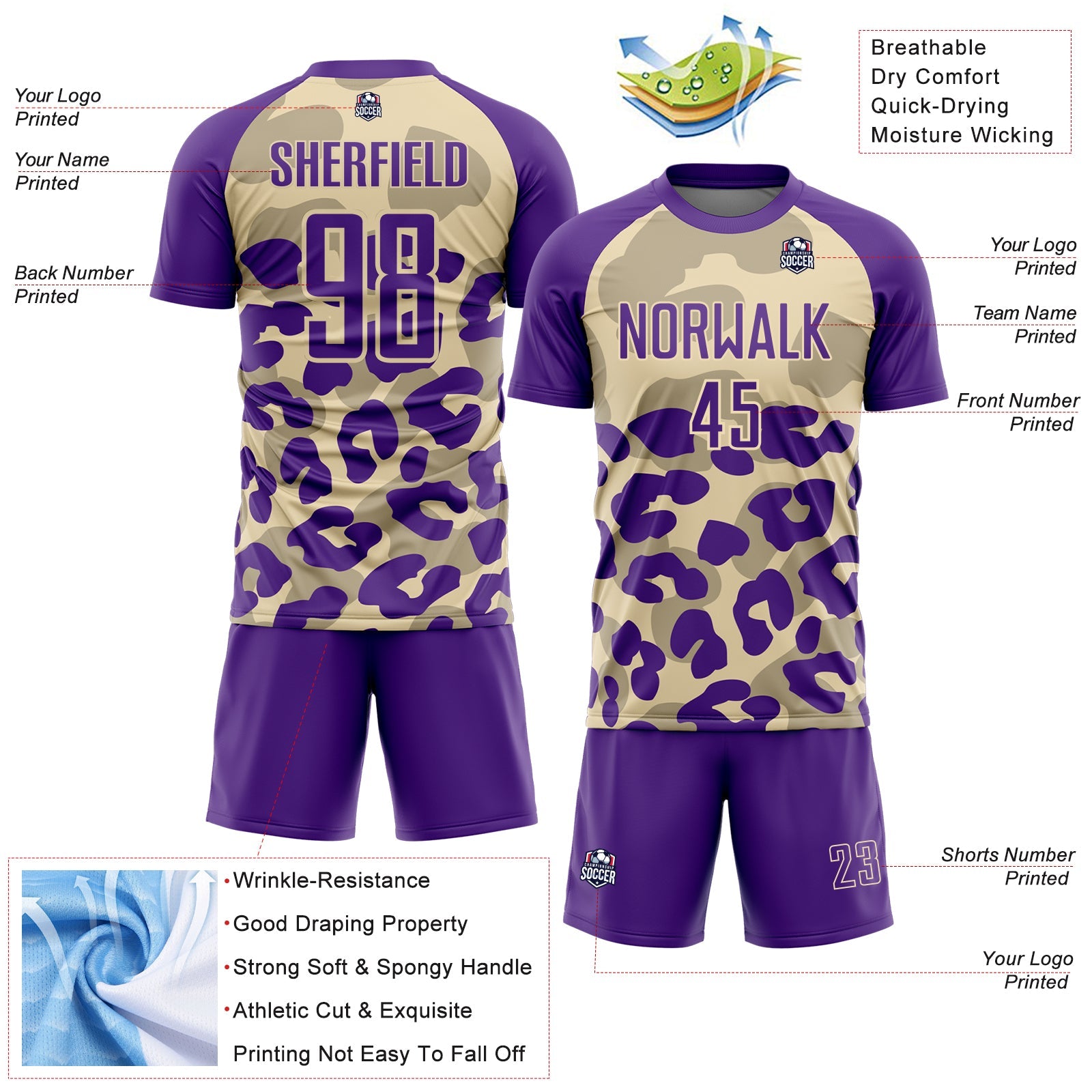 Custom Purple Cream Animal Leopard Print Sports Sublimation Soccer Uniform Jersey view 4