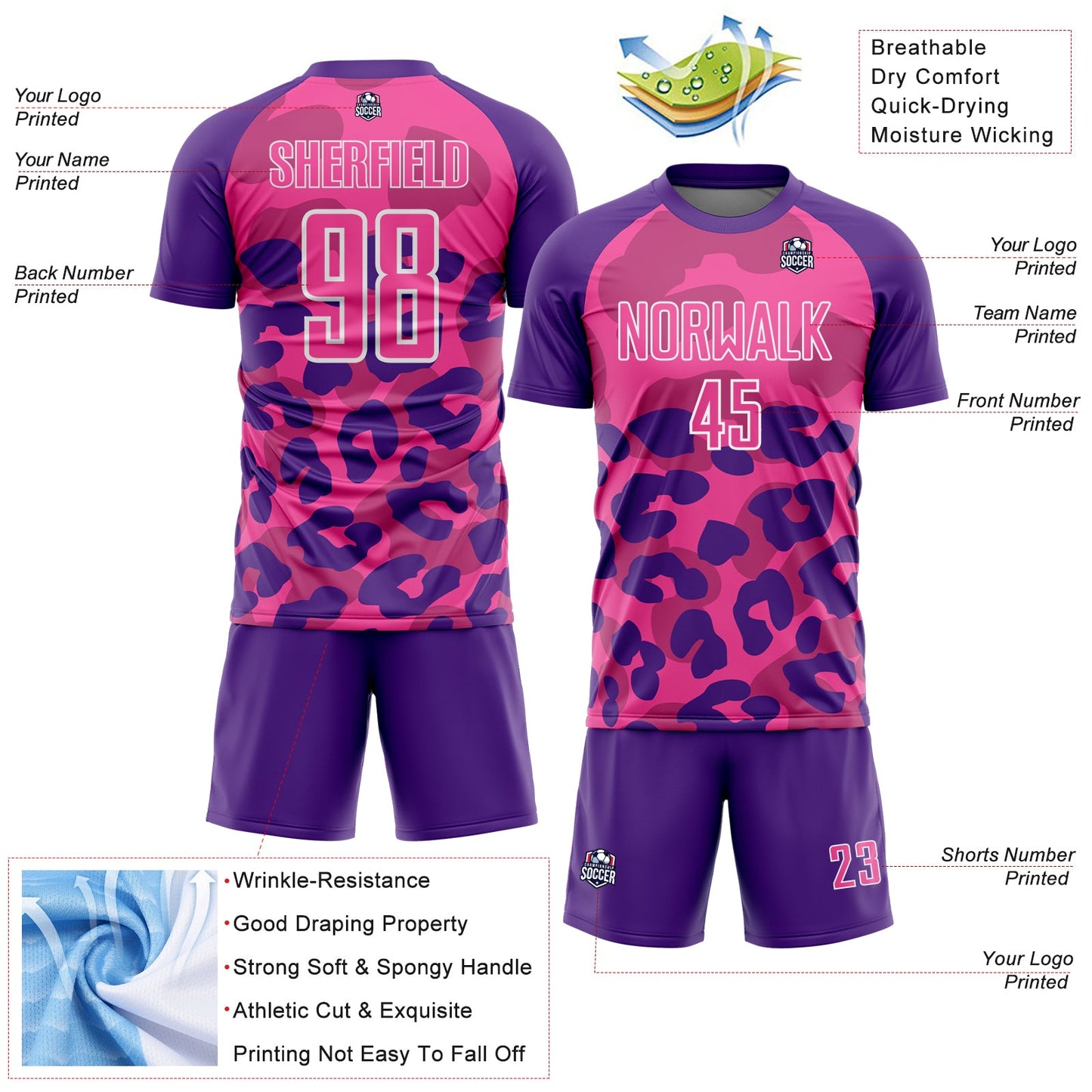 Custom Purple Pink-White Animal Leopard Print Sports Sublimation Soccer Uniform Jersey view 4