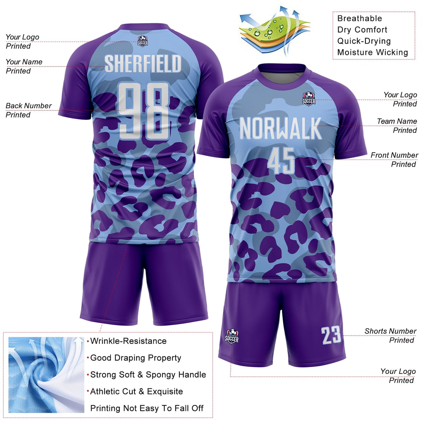 Custom Purple White-Light Blue Animal Leopard Print Sports Sublimation Soccer Uniform Jersey view 4