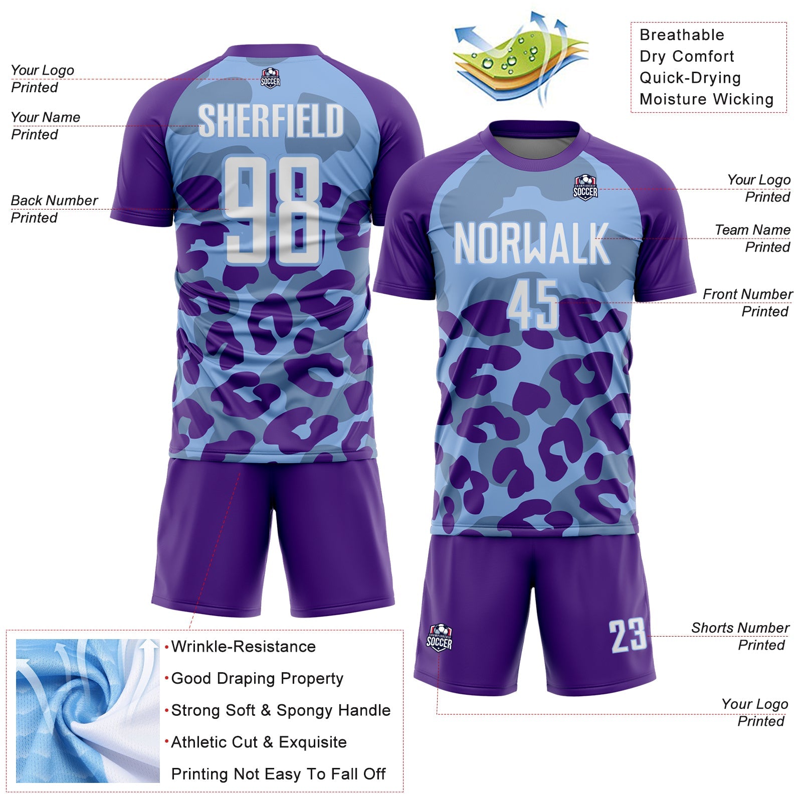 Custom Purple White-Light Blue Animal Leopard Print Sports Sublimation Soccer Uniform Jersey view 4