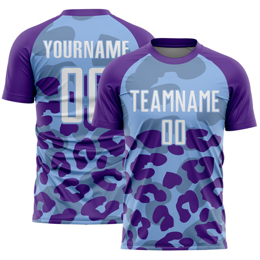 Custom Purple White-Light Blue Animal Leopard Print Sports Sublimation Soccer Uniform Jersey - Main View