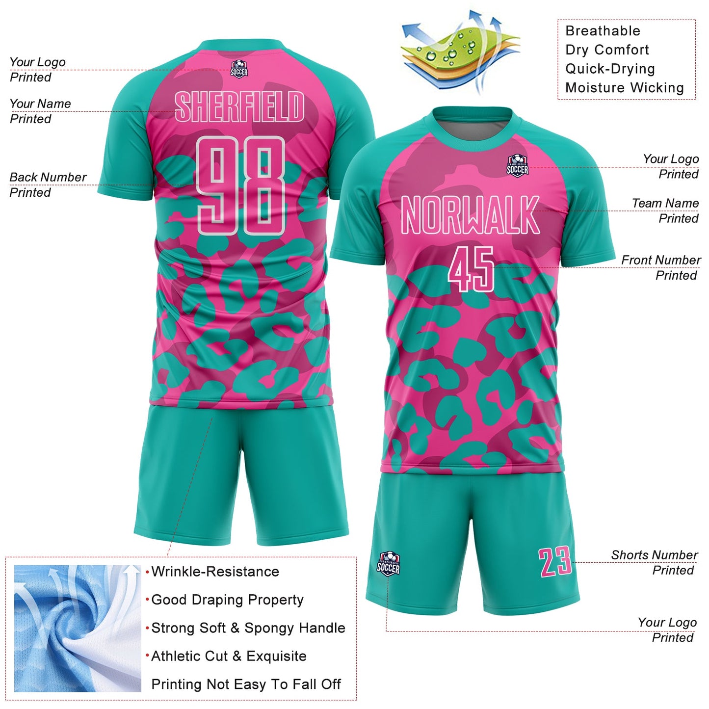 Custom Aqua Pink-White Animal Leopard Print Sports Sublimation Soccer Uniform Jersey view 4