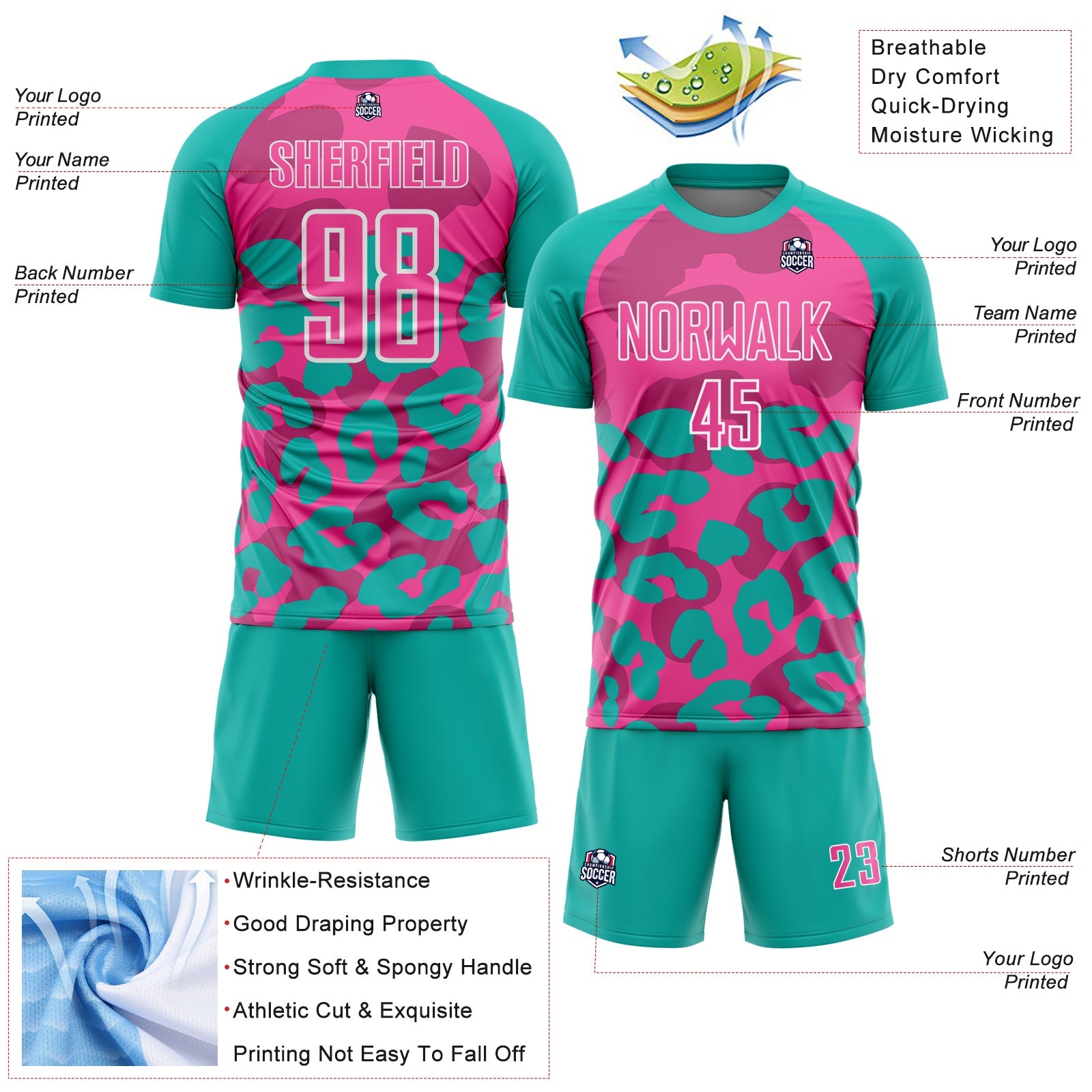 Custom Aqua Pink-White Animal Leopard Print Sports Sublimation Soccer Uniform Jersey view 4