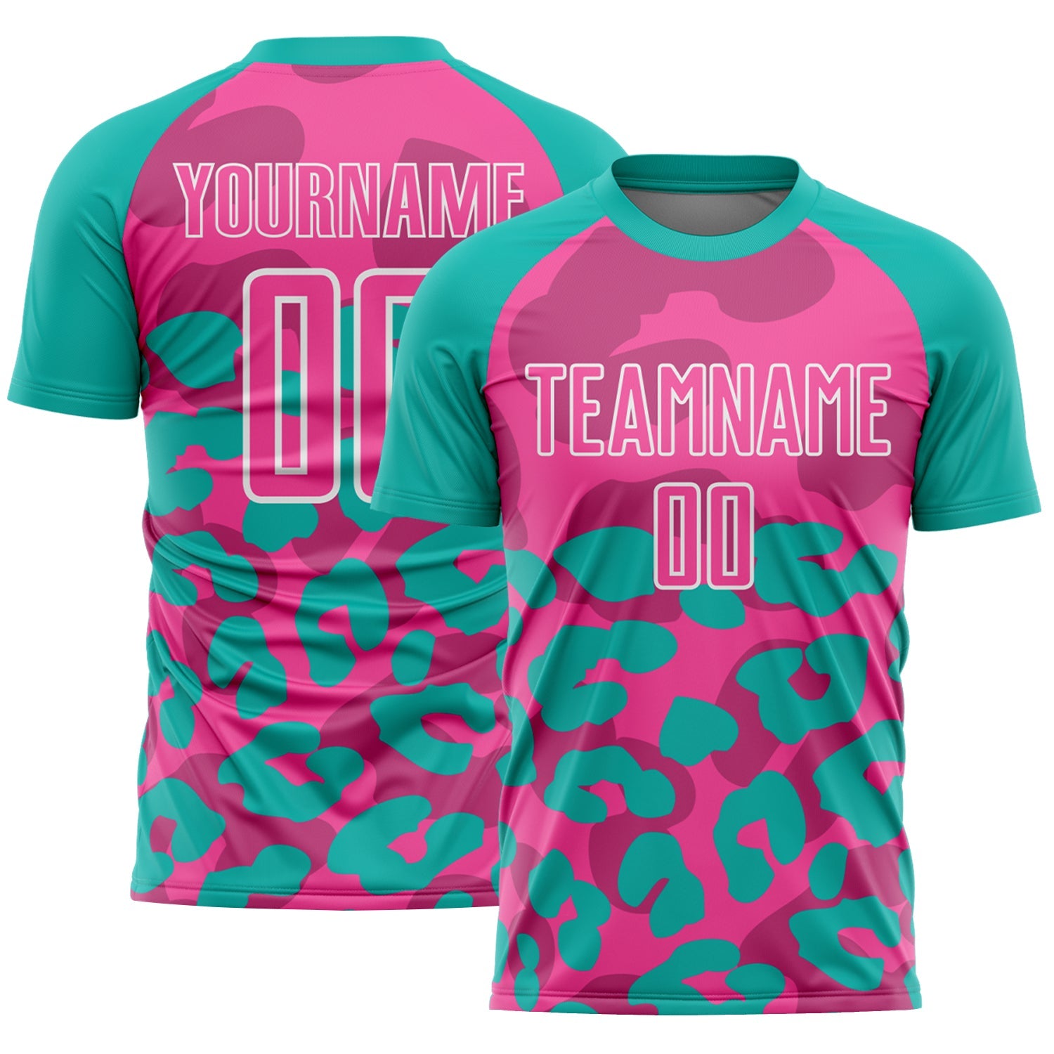 Custom Aqua Pink-White Animal Leopard Print Sports Sublimation Soccer Uniform Jersey - Main View
