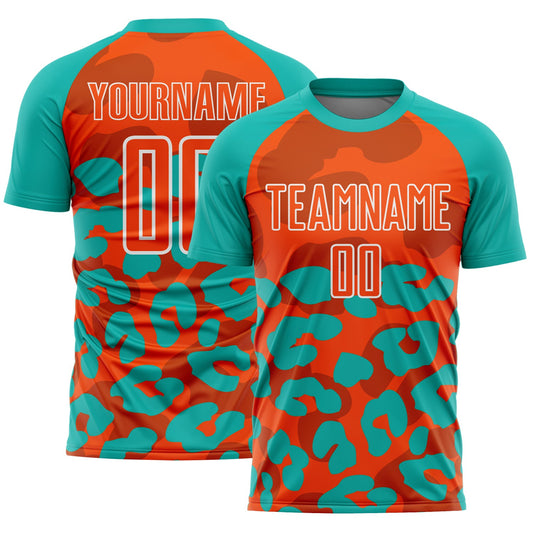Custom Aqua Orange-White Animal Leopard Print Sports Sublimation Soccer Uniform Jersey - Main View