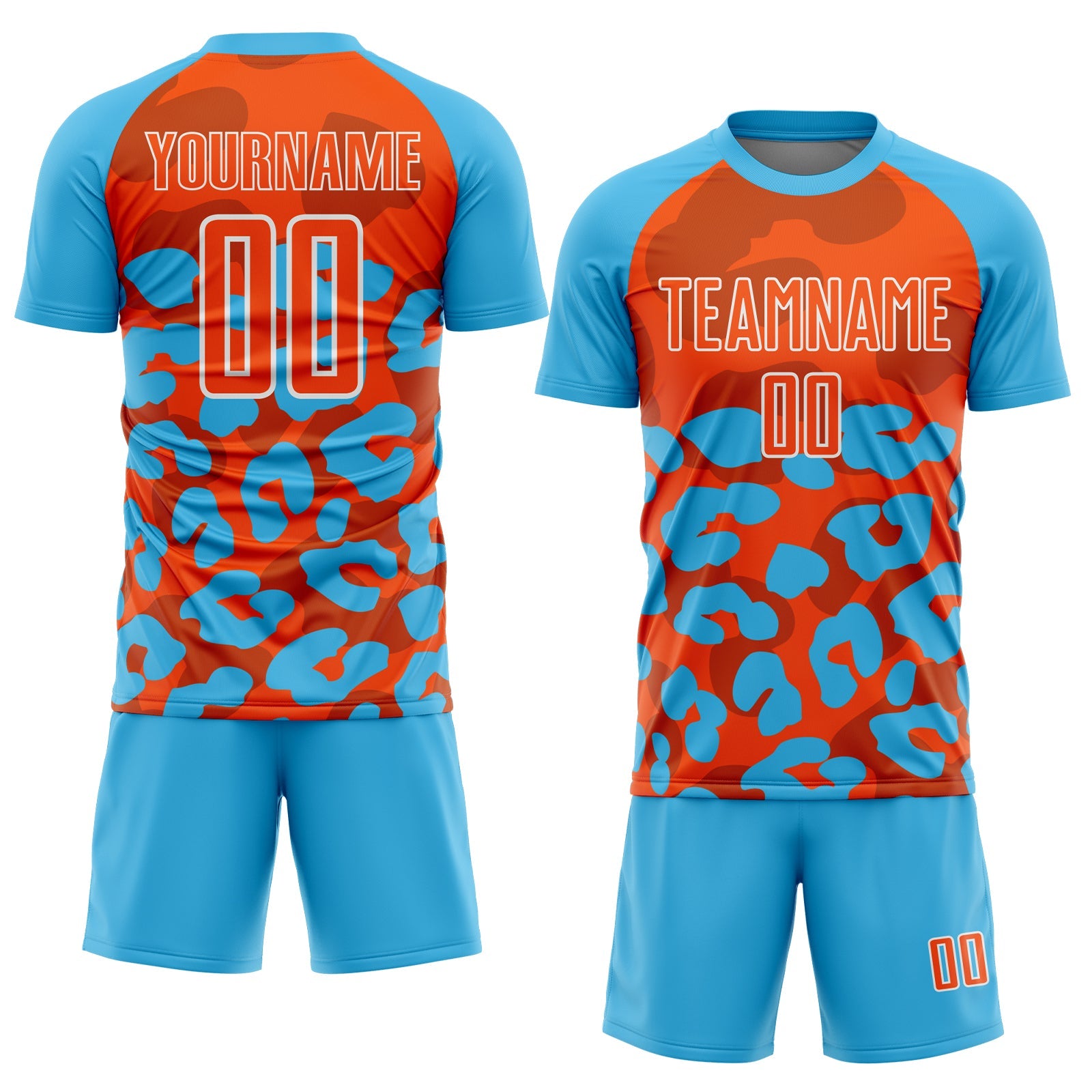 Custom Sky Blue Orange-White Animal Leopard Print Sports Sublimation Soccer Uniform Jersey view 2