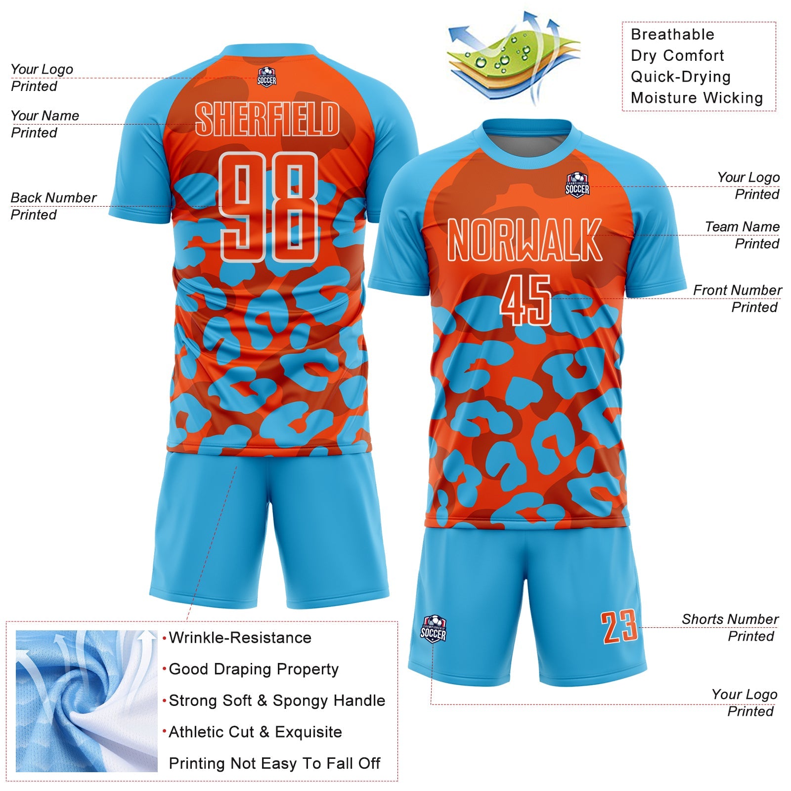 Custom Sky Blue Orange-White Animal Leopard Print Sports Sublimation Soccer Uniform Jersey view 4