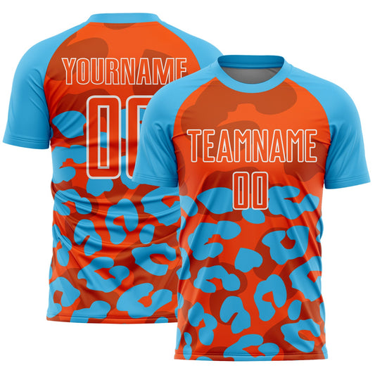 Custom Sky Blue Orange-White Animal Leopard Print Sports Sublimation Soccer Uniform Jersey - Main View