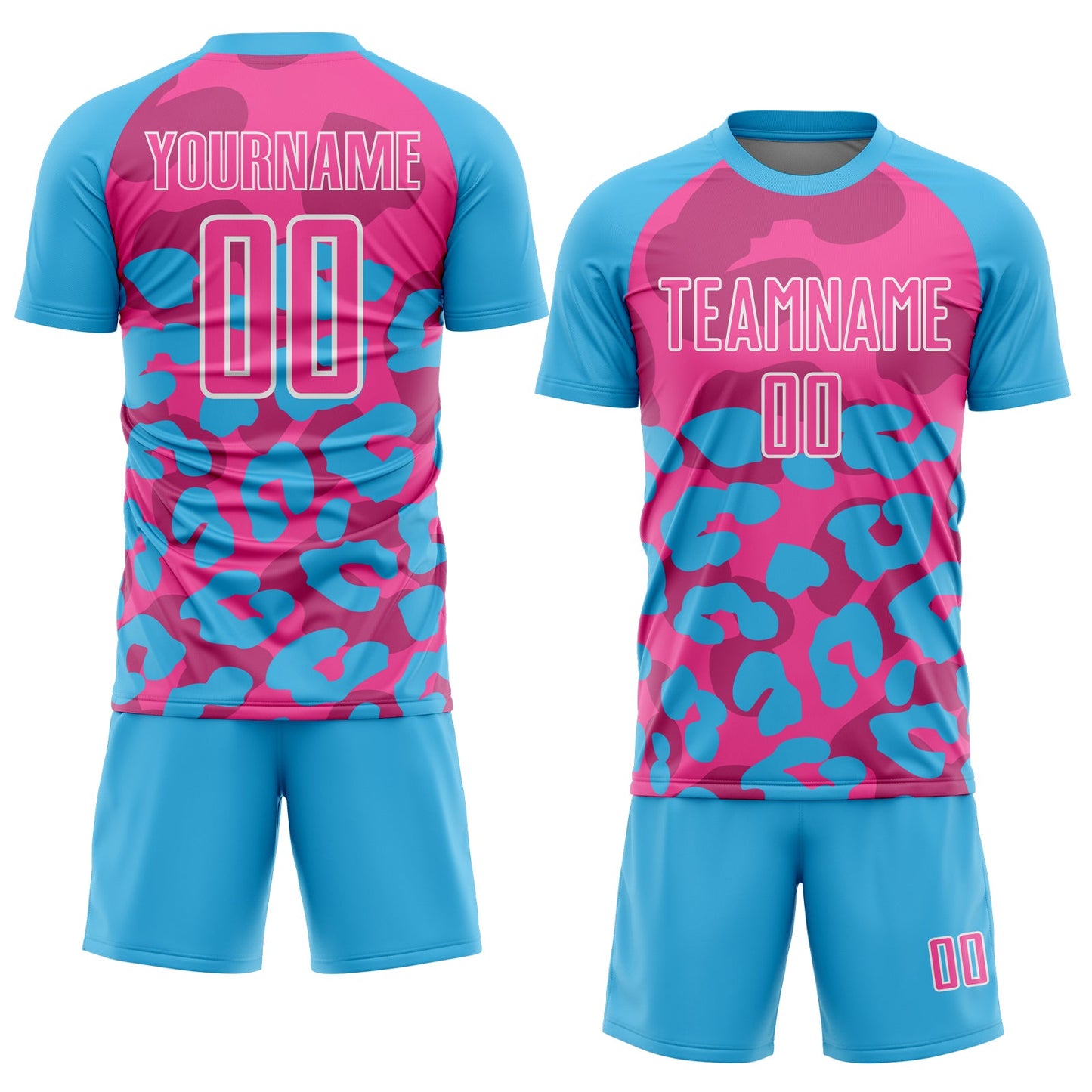 Custom Sky Blue Pink-White Animal Leopard Print Sports Sublimation Soccer Uniform Jersey view 2