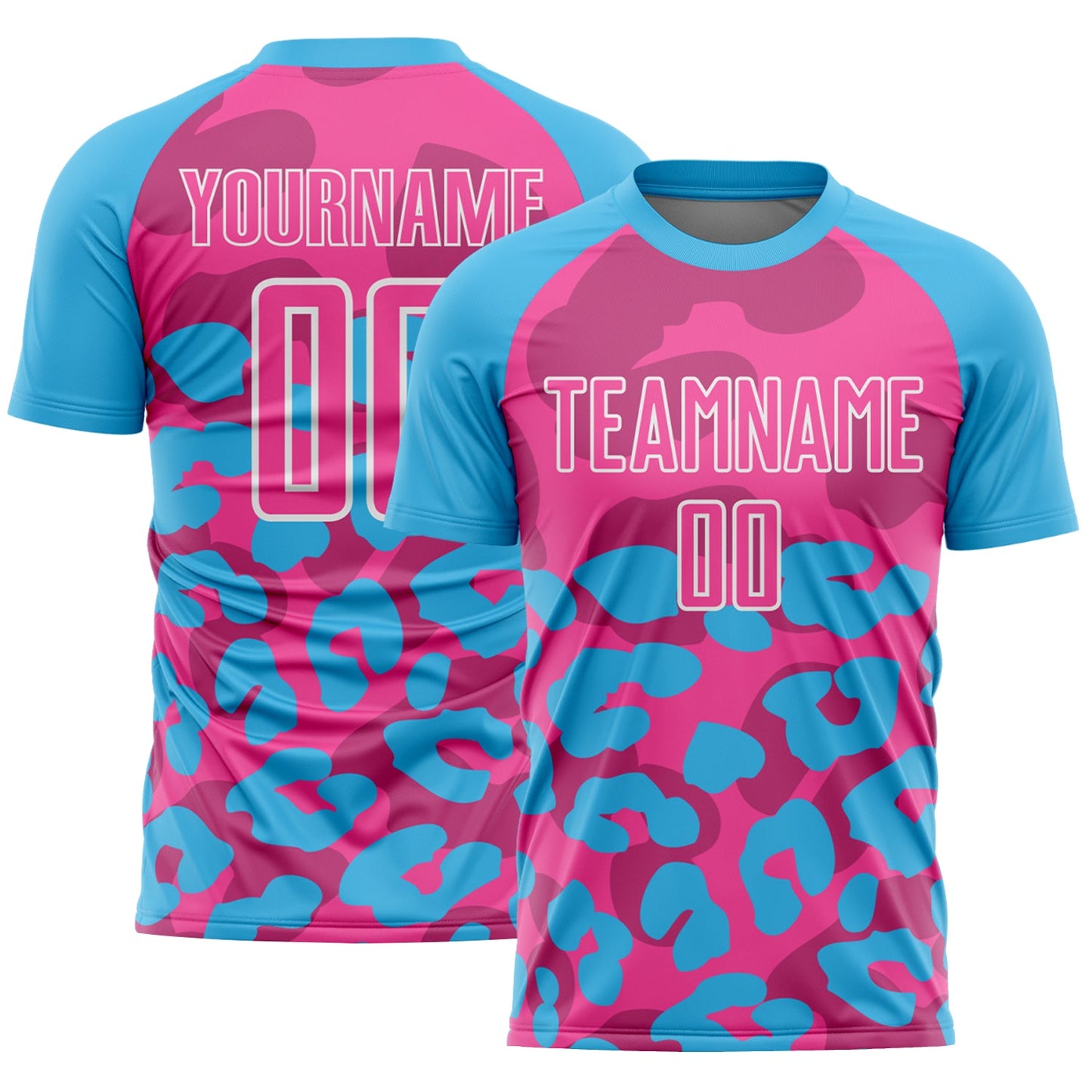 Custom Sky Blue Pink-White Animal Leopard Print Sports Sublimation Soccer Uniform Jersey - Main View