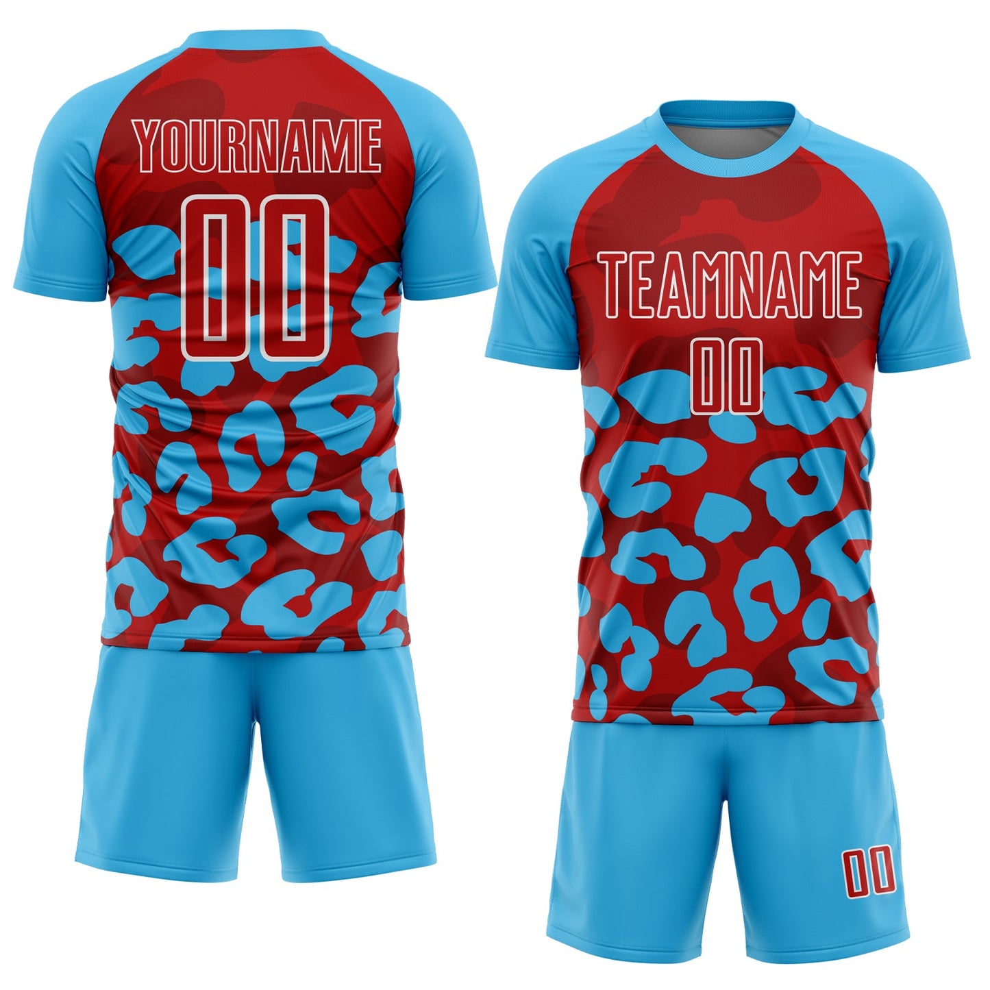 Custom Sky Blue Red-White Animal Leopard Print Sports Sublimation Soccer Uniform Jersey view 2
