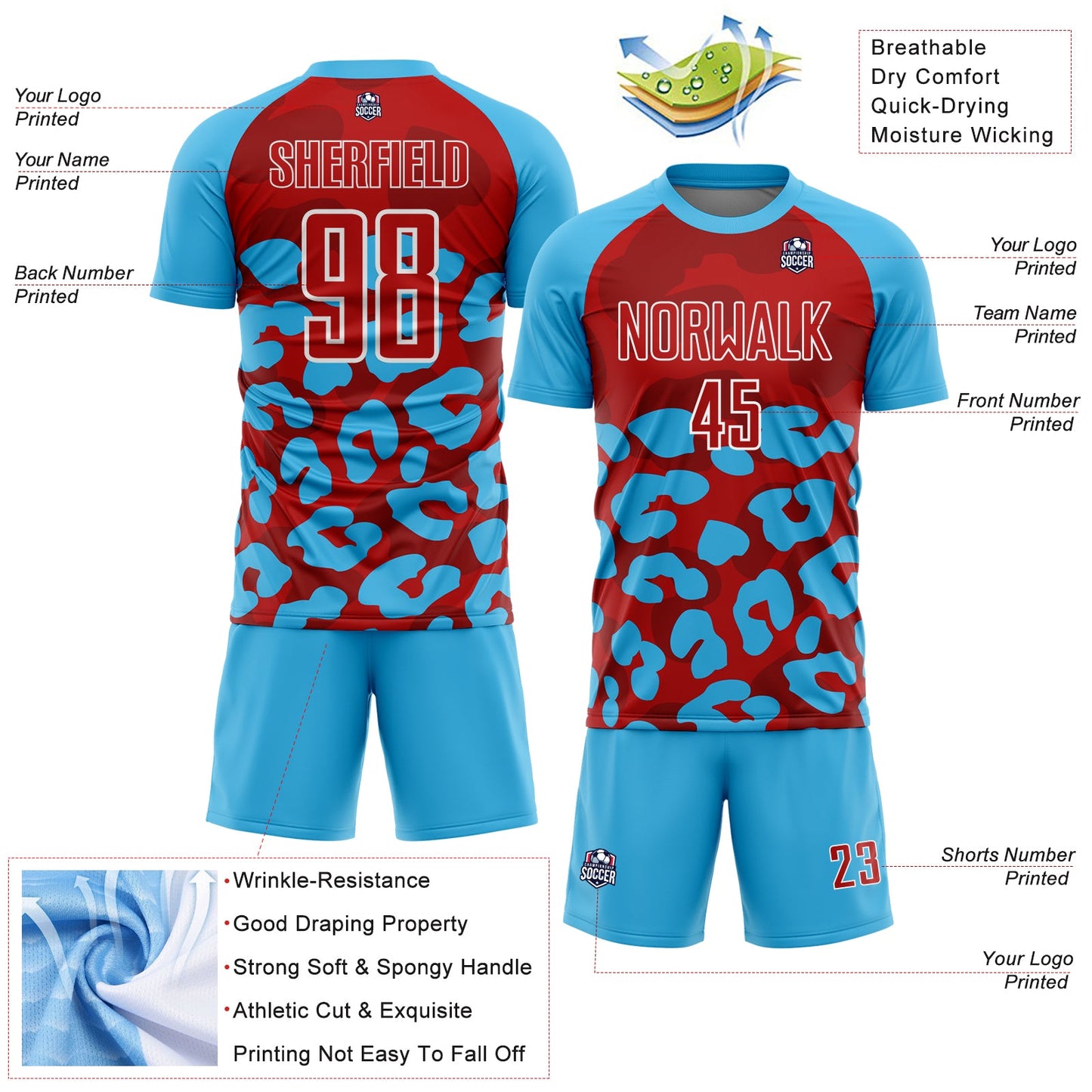 Custom Sky Blue Red-White Animal Leopard Print Sports Sublimation Soccer Uniform Jersey view 4