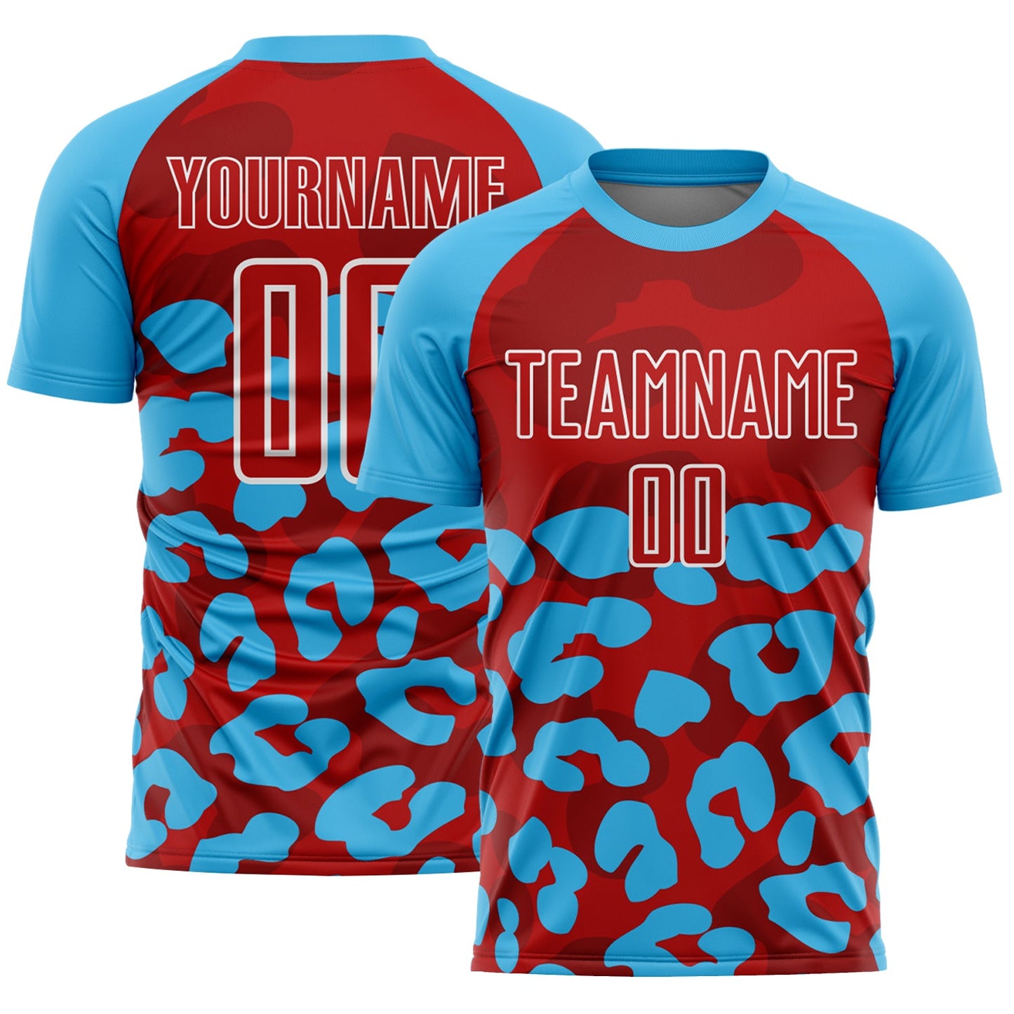 Custom Sky Blue Red-White Animal Leopard Print Sports Sublimation Soccer Uniform Jersey - Main View