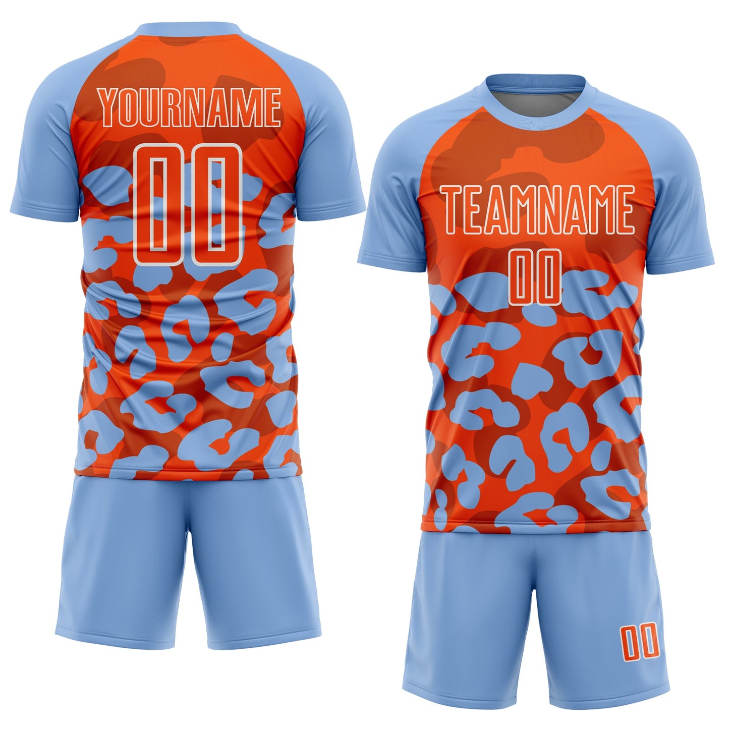 Custom Light Blue Orange-White Animal Leopard Print Sports Sublimation Soccer Uniform Jersey view 2