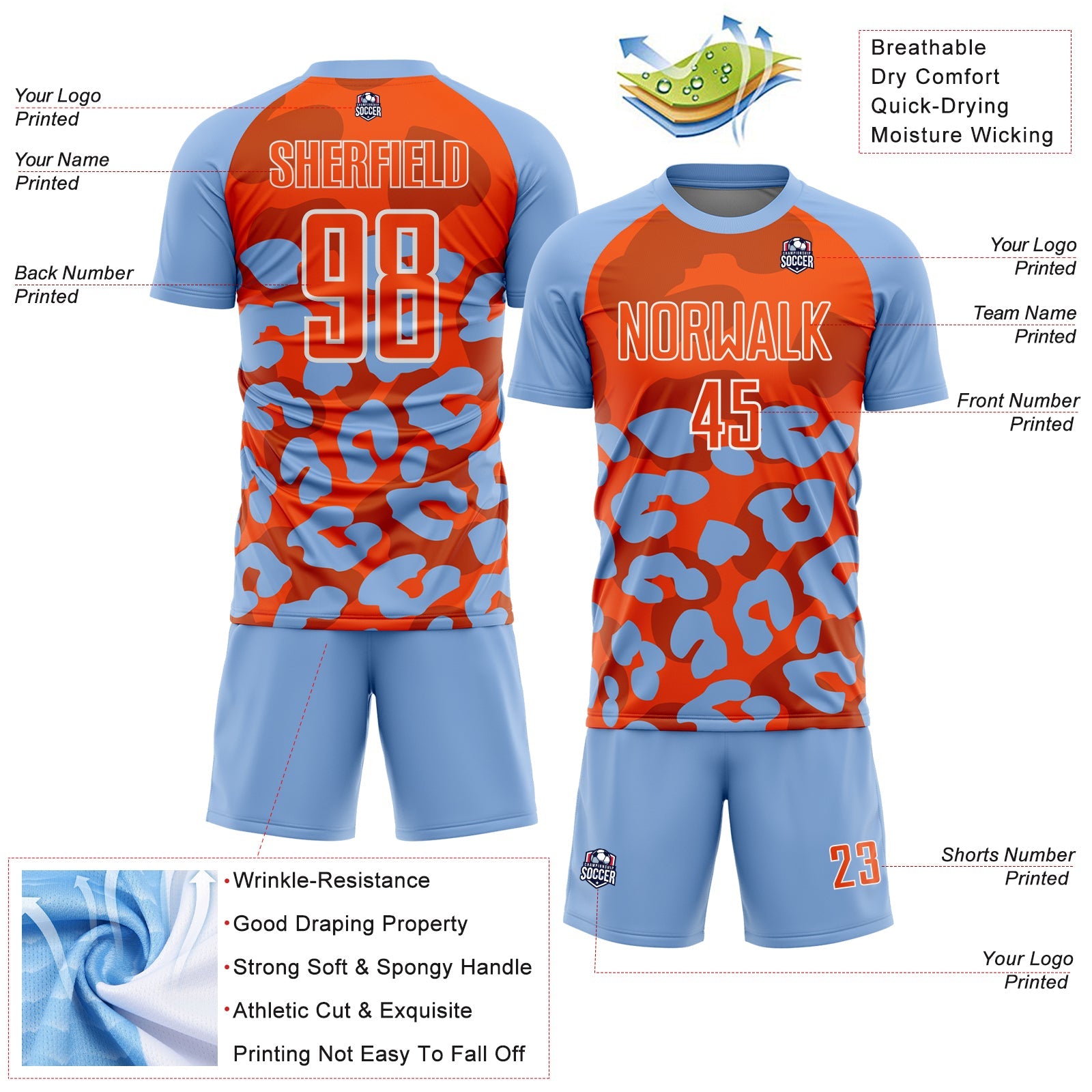 Custom Light Blue Orange-White Animal Leopard Print Sports Sublimation Soccer Uniform Jersey view 4