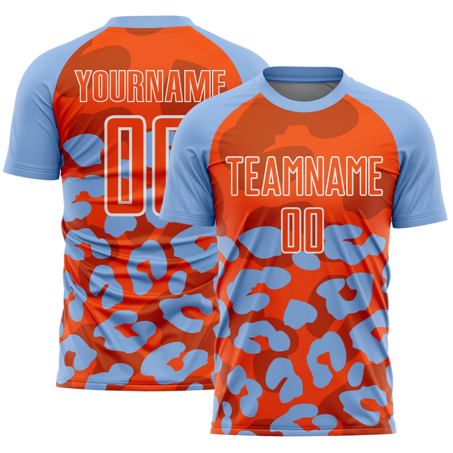 Custom Light Blue Orange-White Animal Leopard Print Sports Sublimation Soccer Uniform Jersey - Main View