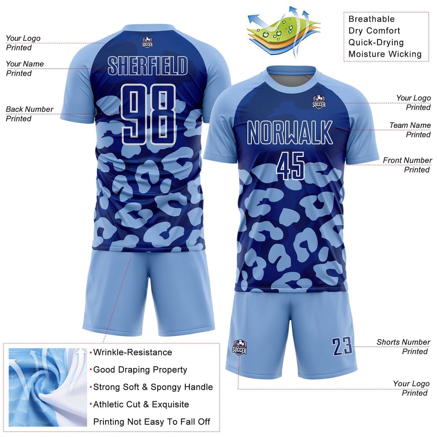Custom Light Blue Royal-White Animal Leopard Print Sports Sublimation Soccer Uniform Jersey view 4