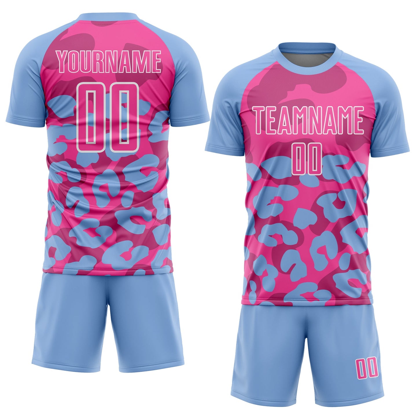 Custom Light Blue Pink-White Animal Leopard Print Sports Sublimation Soccer Uniform Jersey view 2