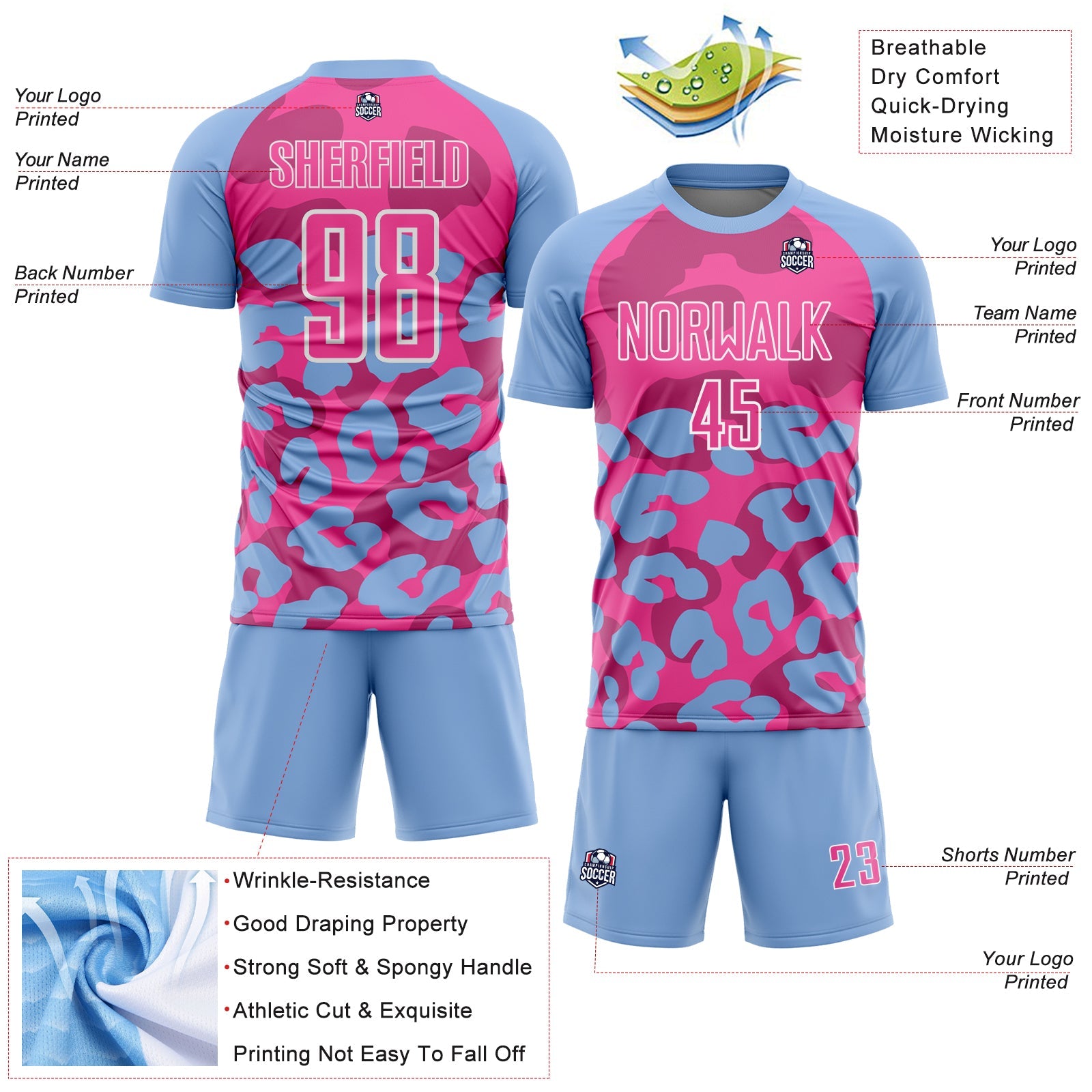 Custom Light Blue Pink-White Animal Leopard Print Sports Sublimation Soccer Uniform Jersey view 4