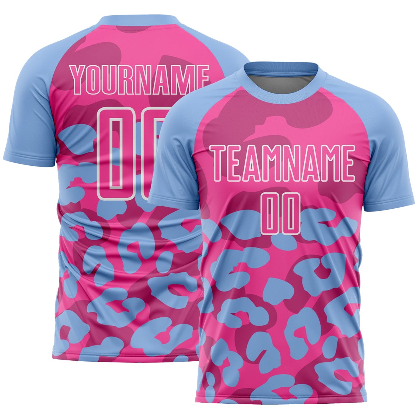 Custom Light Blue Pink-White Animal Leopard Print Sports Sublimation Soccer Uniform Jersey - Main View