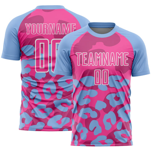 Custom Light Blue Pink-White Animal Leopard Print Sports Sublimation Soccer Uniform Jersey - Main View