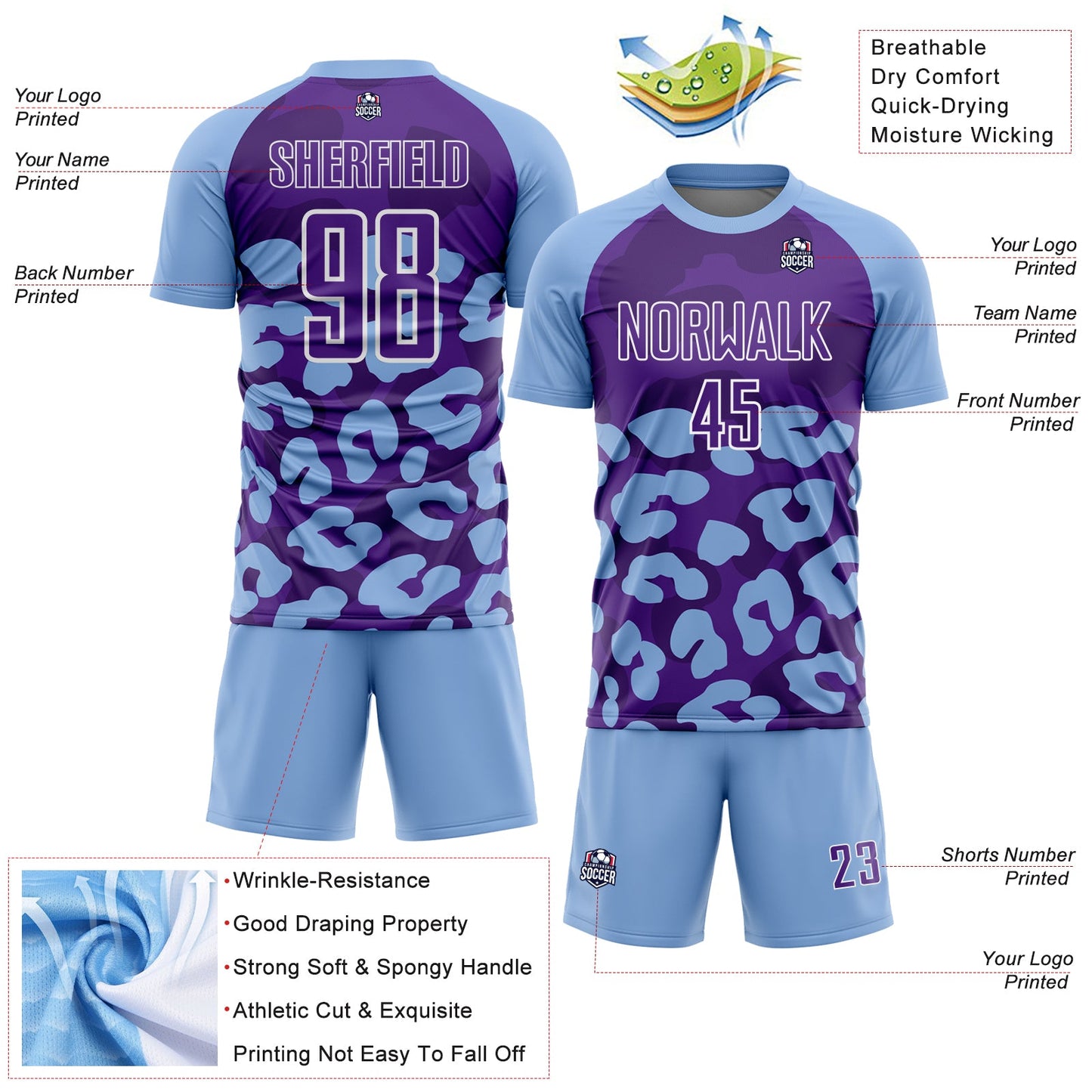 Custom Light Blue Purple-White Animal Leopard Print Sports Sublimation Soccer Uniform Jersey view 4