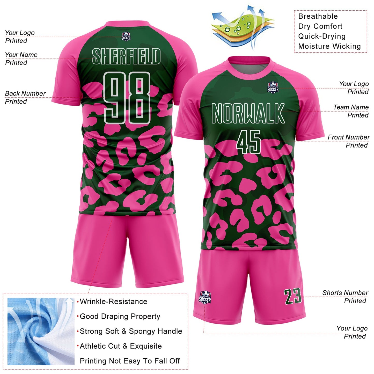 Custom Pink Green-White Animal Leopard Print Sports Sublimation Soccer Uniform Jersey view 4