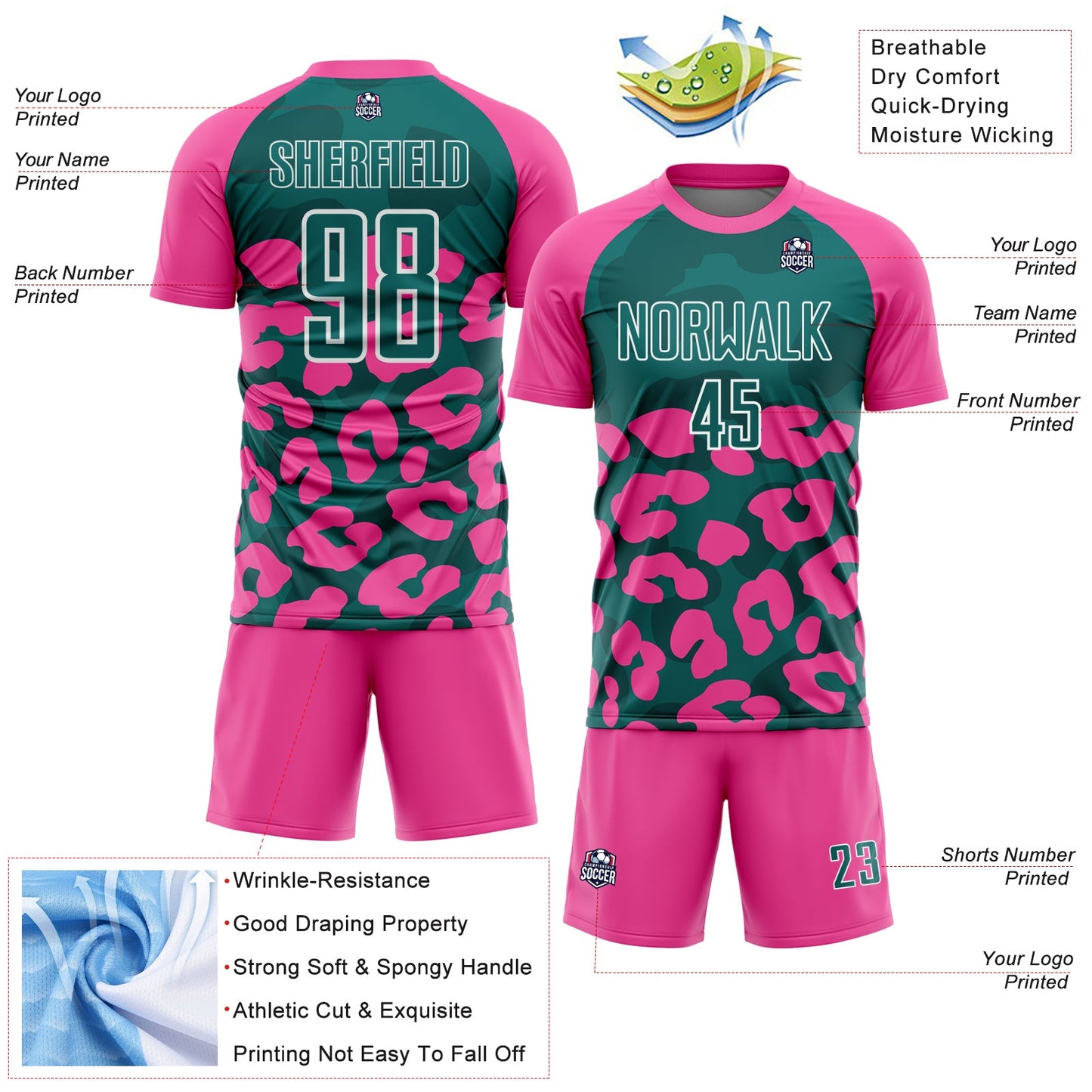 Custom Pink Teal-White Animal Leopard Print Sports Sublimation Soccer Uniform Jersey view 4