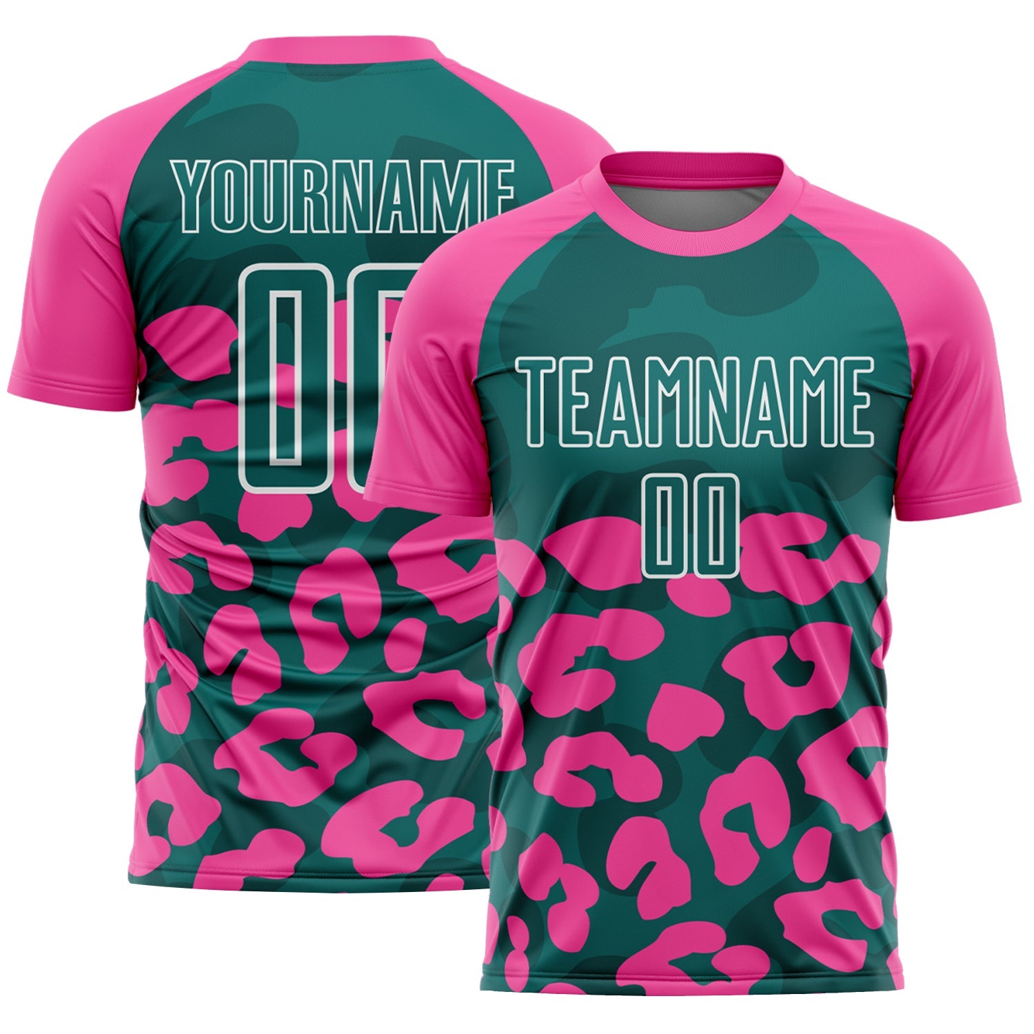 Custom Pink Teal-White Animal Leopard Print Sports Sublimation Soccer Uniform Jersey - Main View