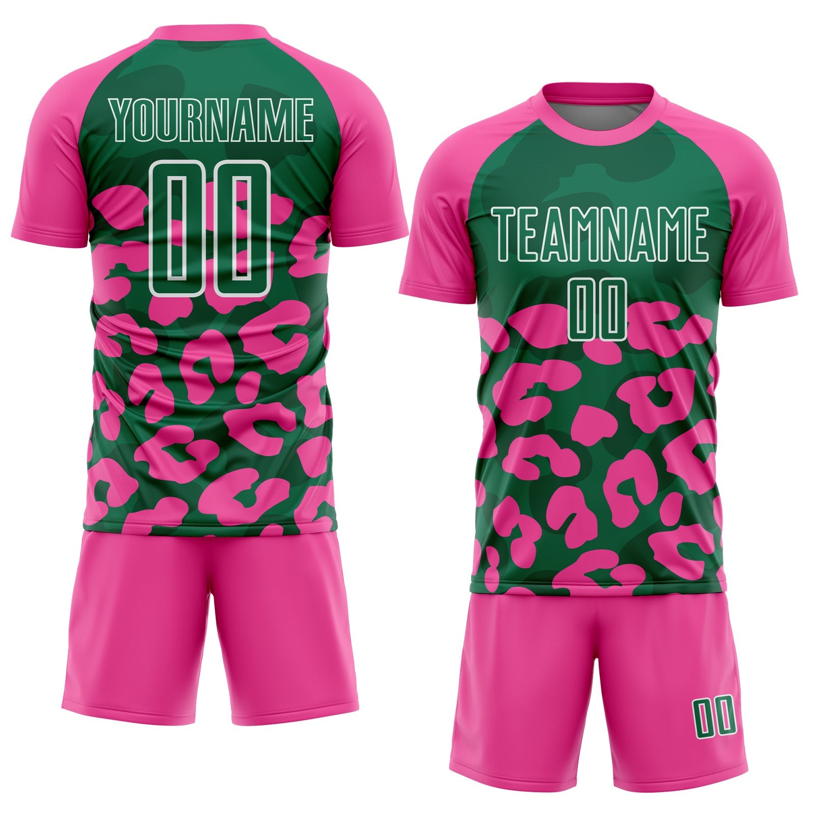 Custom Pink Kelly Green-White Animal Leopard Print Sports Sublimation Soccer Uniform Jersey view 2