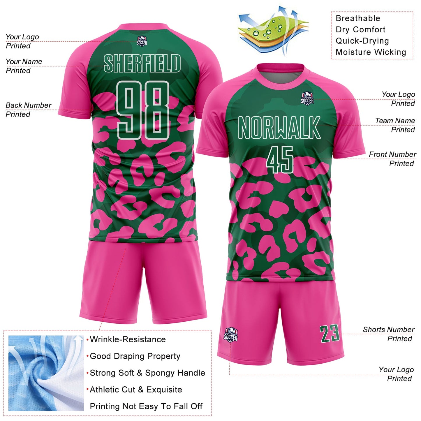 Custom Pink Kelly Green-White Animal Leopard Print Sports Sublimation Soccer Uniform Jersey view 4