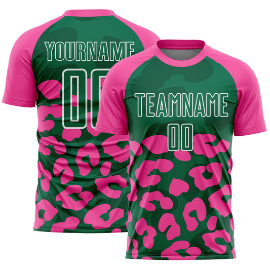 Custom Pink Kelly Green-White Animal Leopard Print Sports Sublimation Soccer Uniform Jersey - Main View