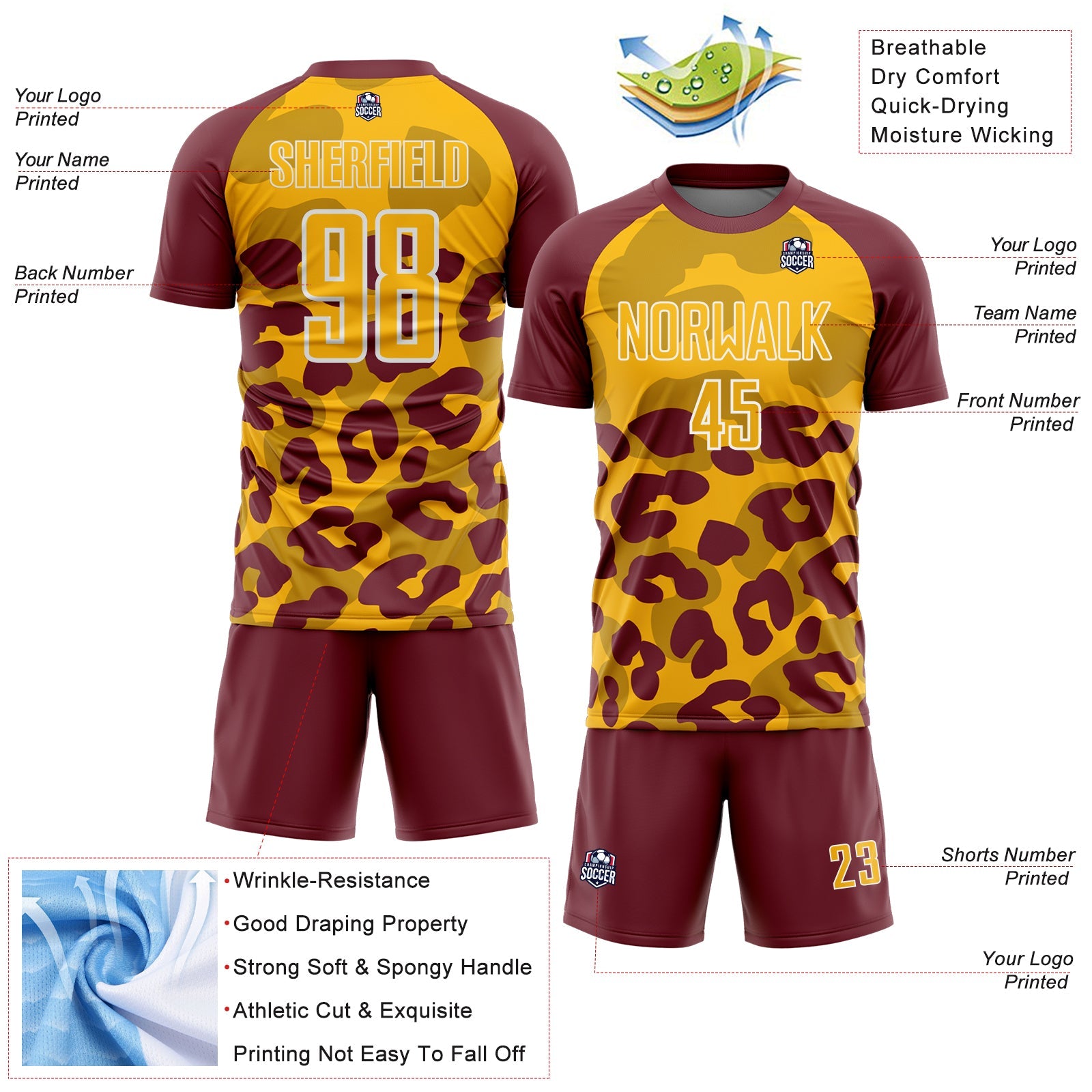 Custom Burgundy Gold-White Animal Leopard Print Sports Sublimation Soccer Uniform Jersey view 4
