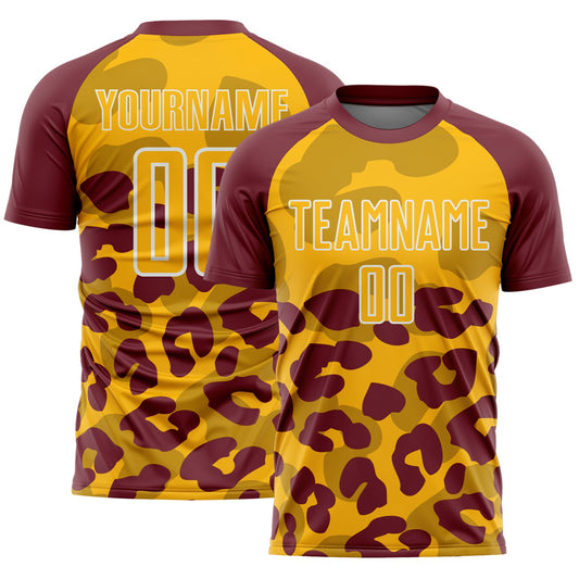 Custom Burgundy Gold-White Animal Leopard Print Sports Sublimation Soccer Uniform Jersey - Main View