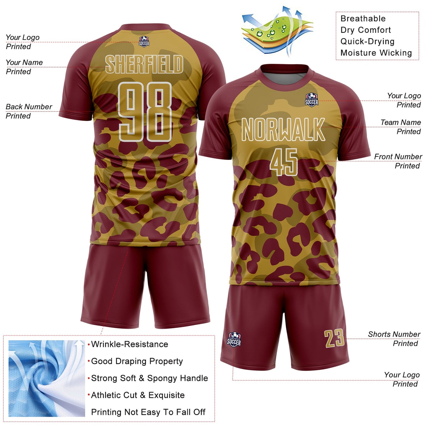Custom Burgundy Old Gold-White Animal Leopard Print Sports Sublimation Soccer Uniform Jersey view 4