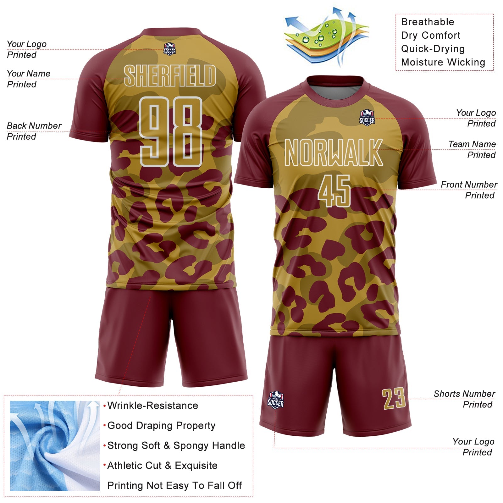 Custom Burgundy Old Gold-White Animal Leopard Print Sports Sublimation Soccer Uniform Jersey view 4