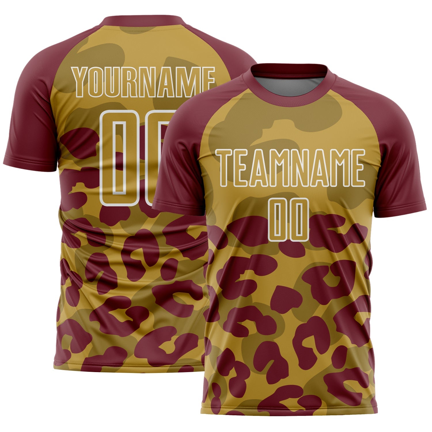 Custom Burgundy Old Gold-White Animal Leopard Print Sports Sublimation Soccer Uniform Jersey - Main View
