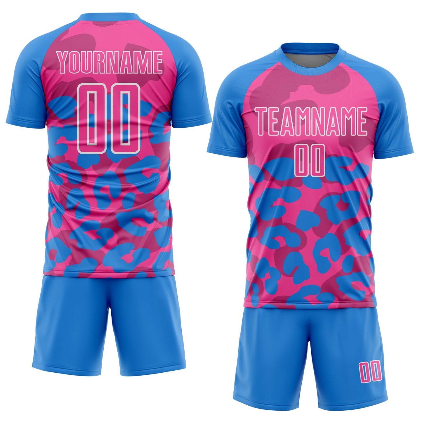 Custom Powder Blue Pink-White Animal Leopard Print Sports Sublimation Soccer Uniform Jersey view 2