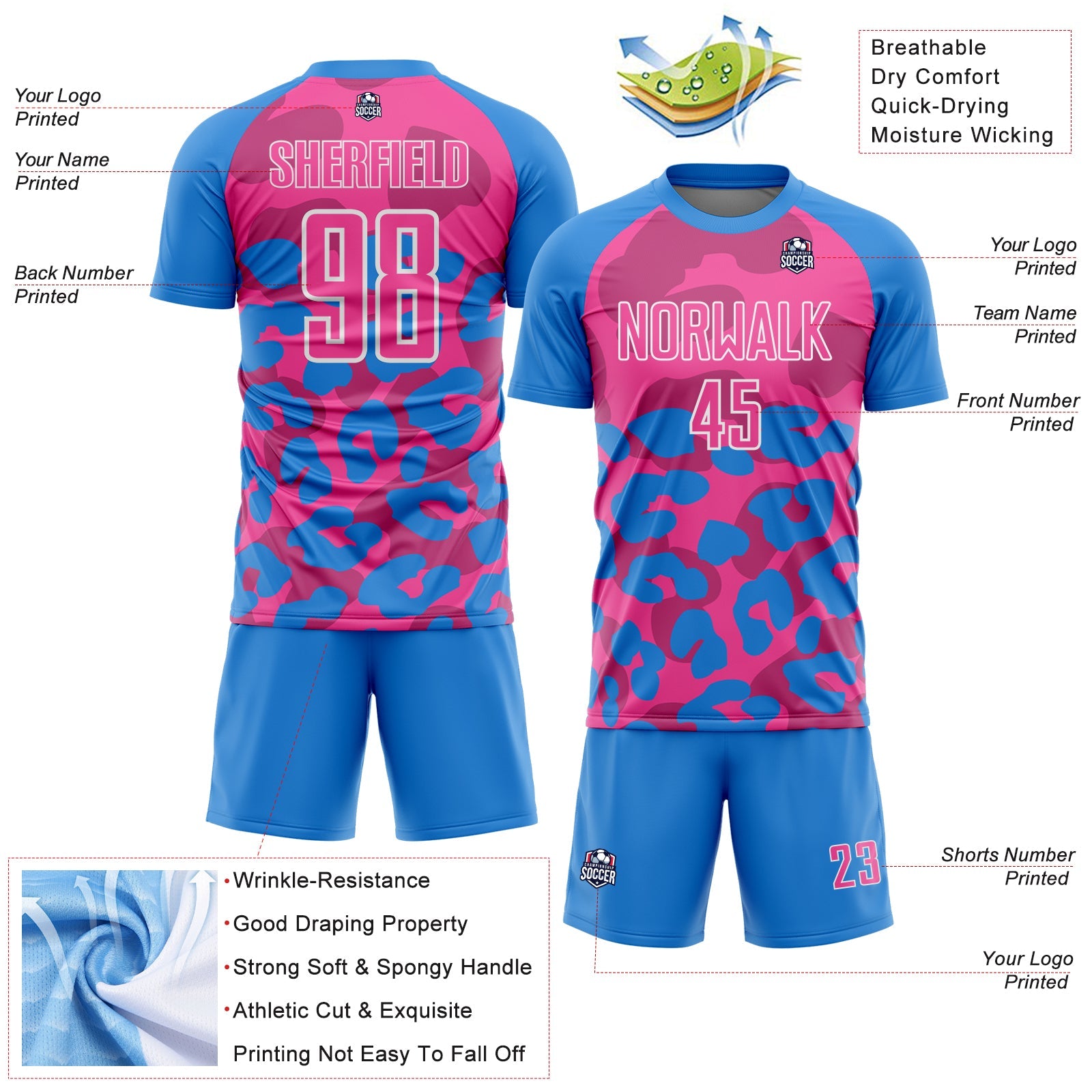 Custom Powder Blue Pink-White Animal Leopard Print Sports Sublimation Soccer Uniform Jersey view 4