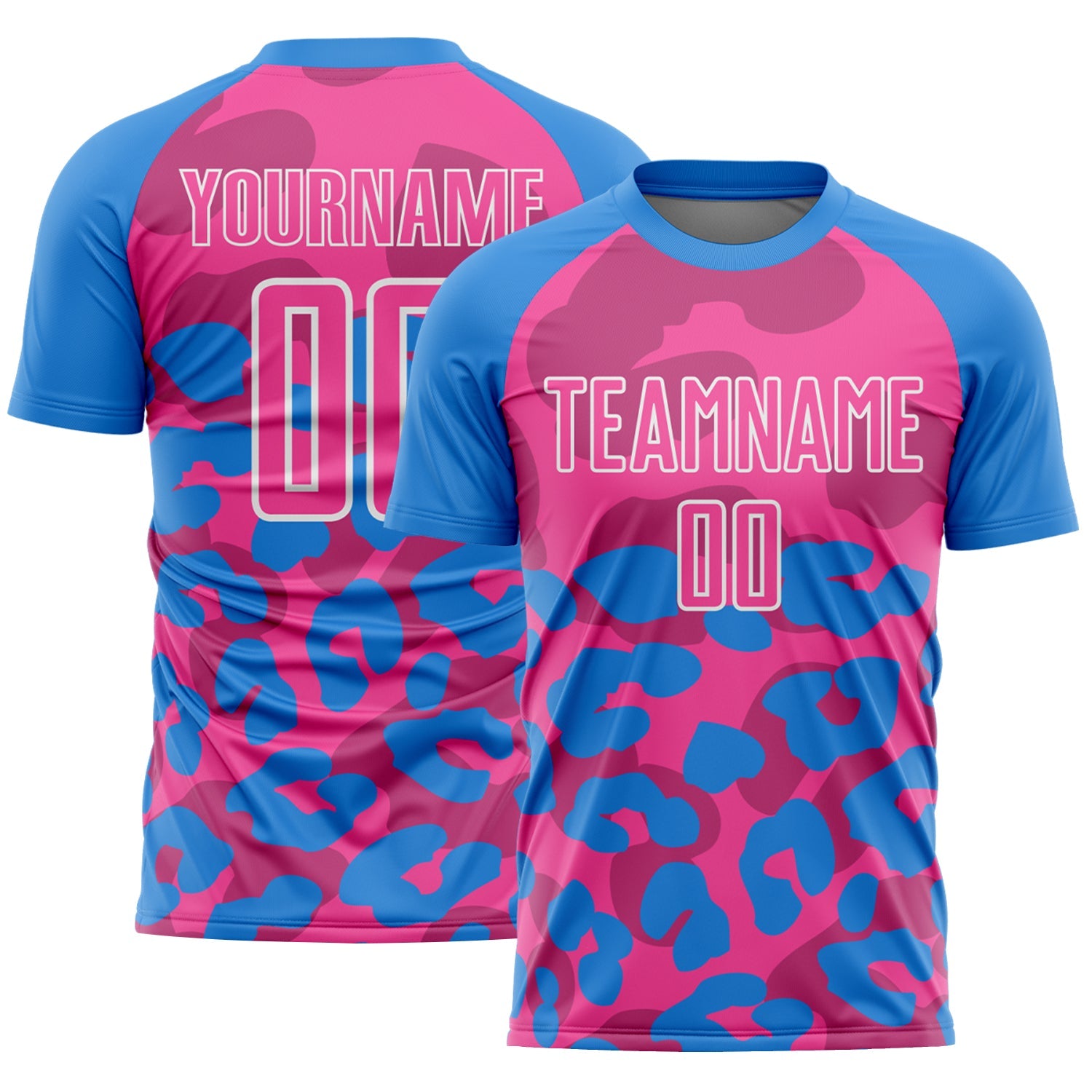 Custom Powder Blue Pink-White Animal Leopard Print Sports Sublimation Soccer Uniform Jersey - Main View