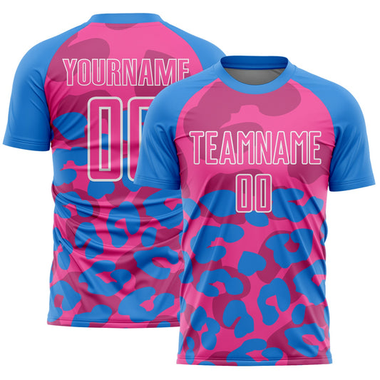 Custom Powder Blue Pink-White Animal Leopard Print Sports Sublimation Soccer Uniform Jersey - Main View