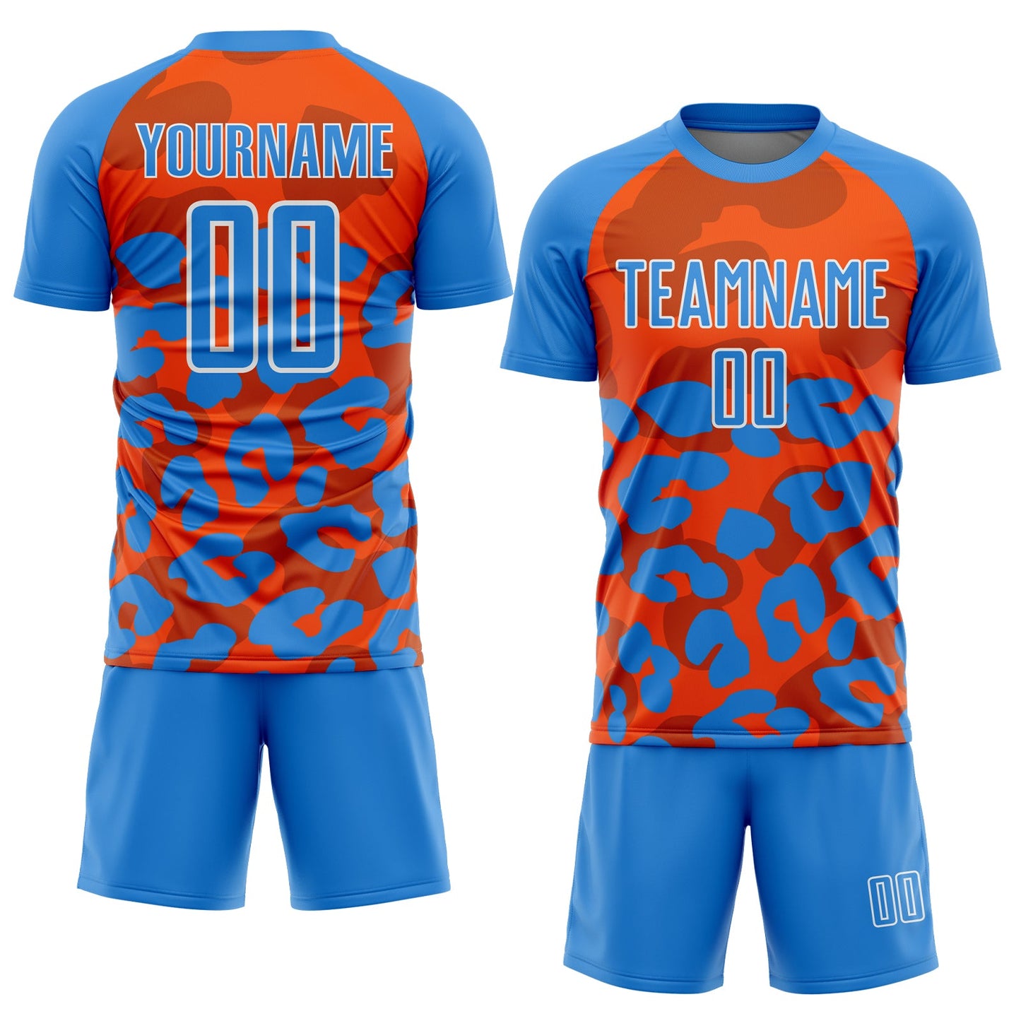 Custom Powder Blue Orange-White Animal Leopard Print Sports Sublimation Soccer Uniform Jersey view 2