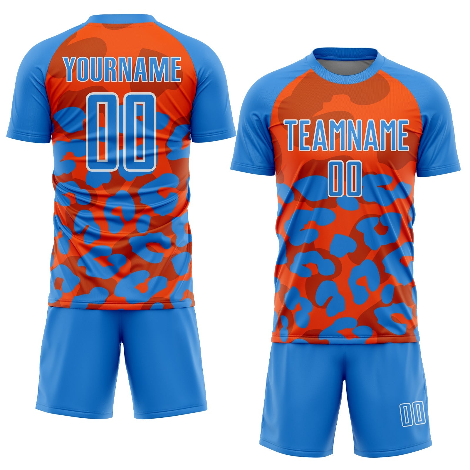Custom Powder Blue Orange-White Animal Leopard Print Sports Sublimation Soccer Uniform Jersey view 2